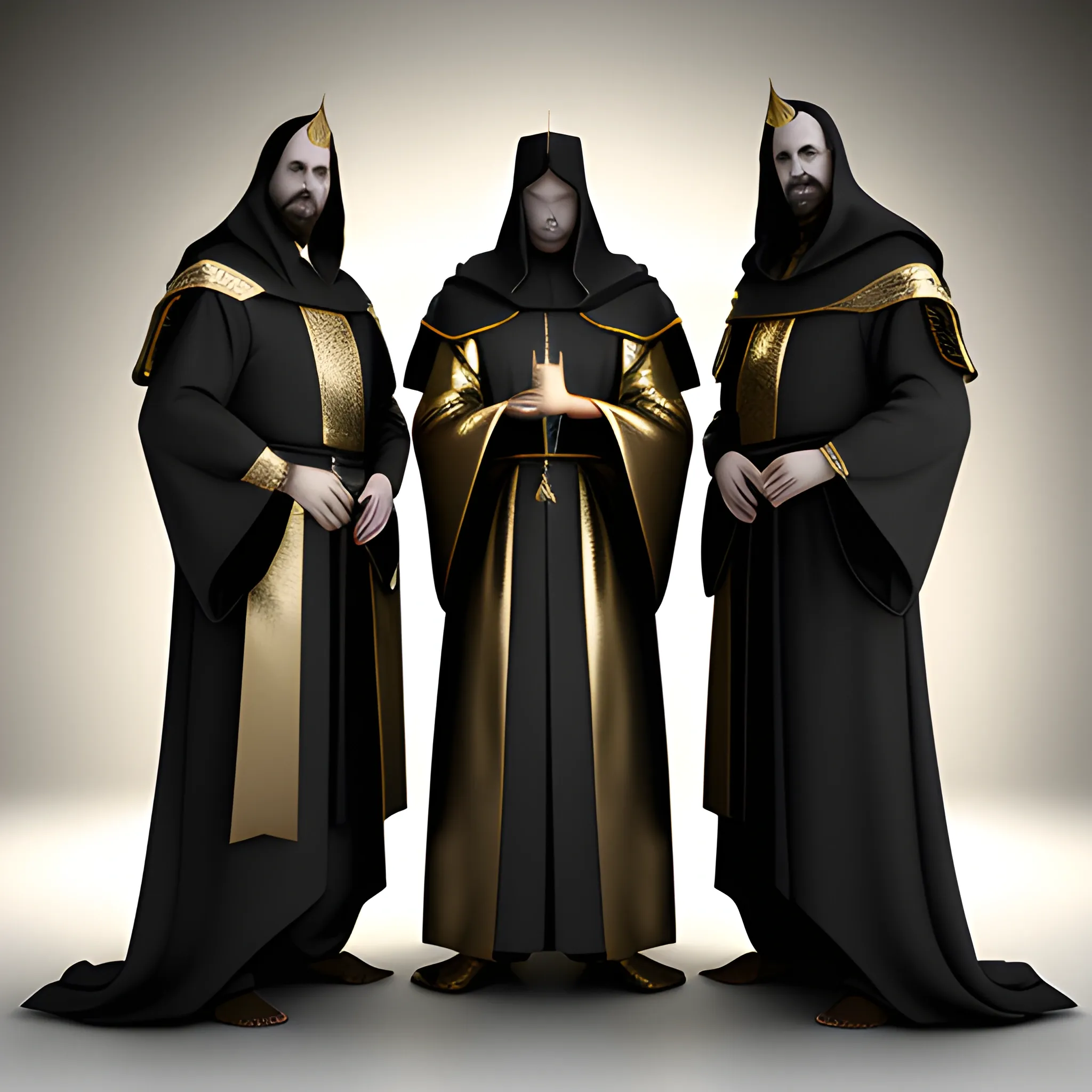 3 men in golden robes, dark fantasy, sinister, medieval, white room, religious, 3d, high res, 3d, high resolution