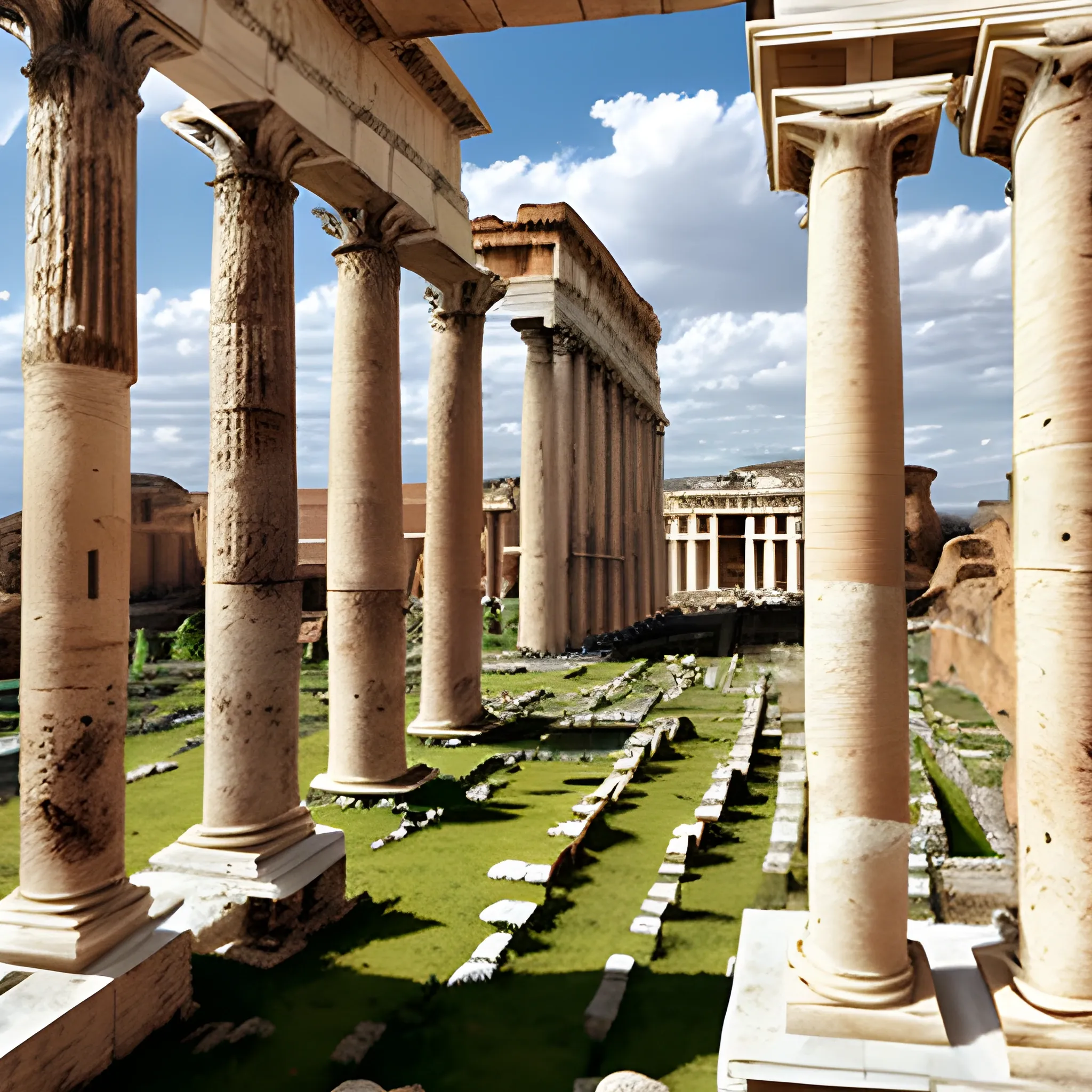 real ancient rome landscape, with a white marble column on the right in the foreground of the photo