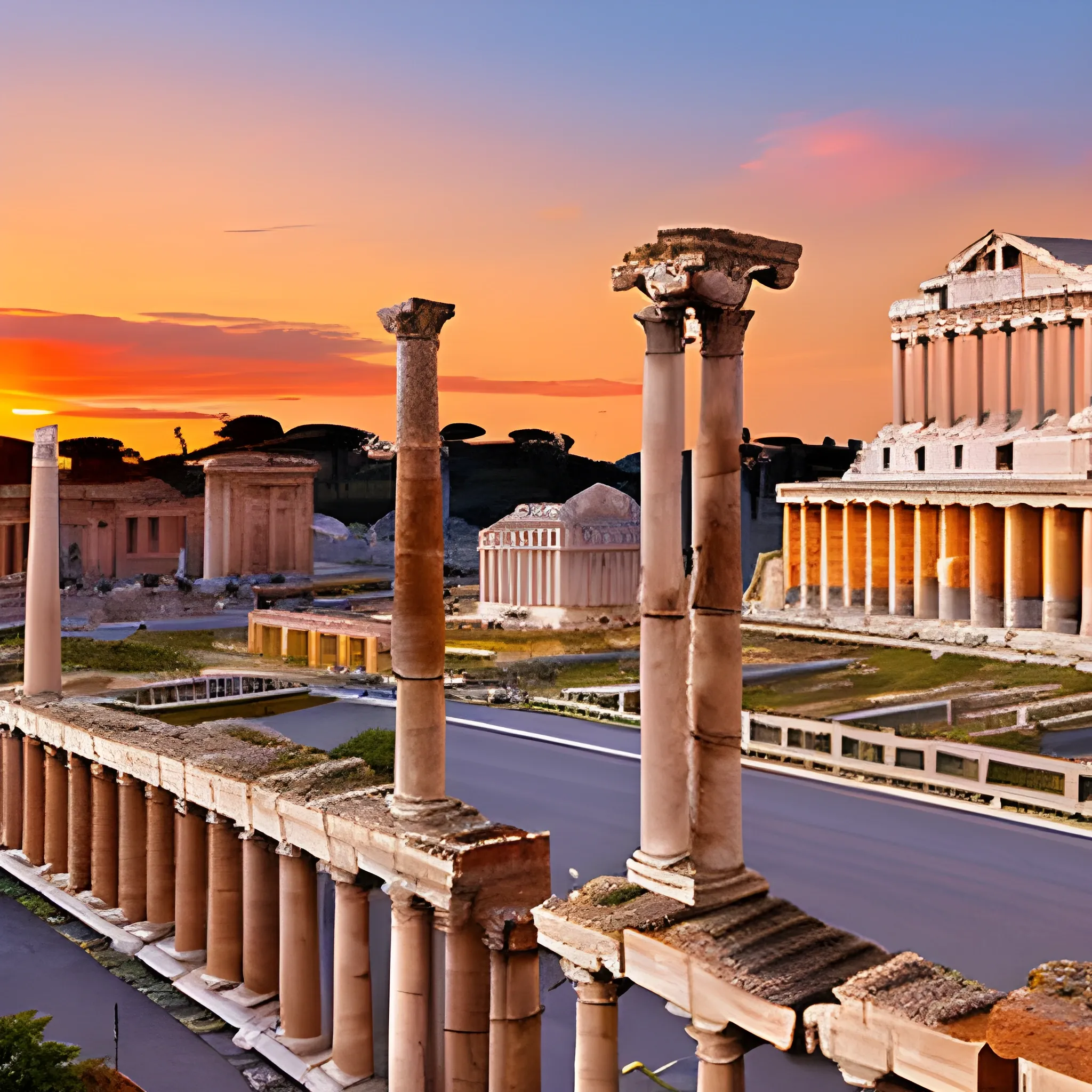 real ancient rome city in activity, with a white marble column on the right in the foreground of the photo, on sunset, orange light
