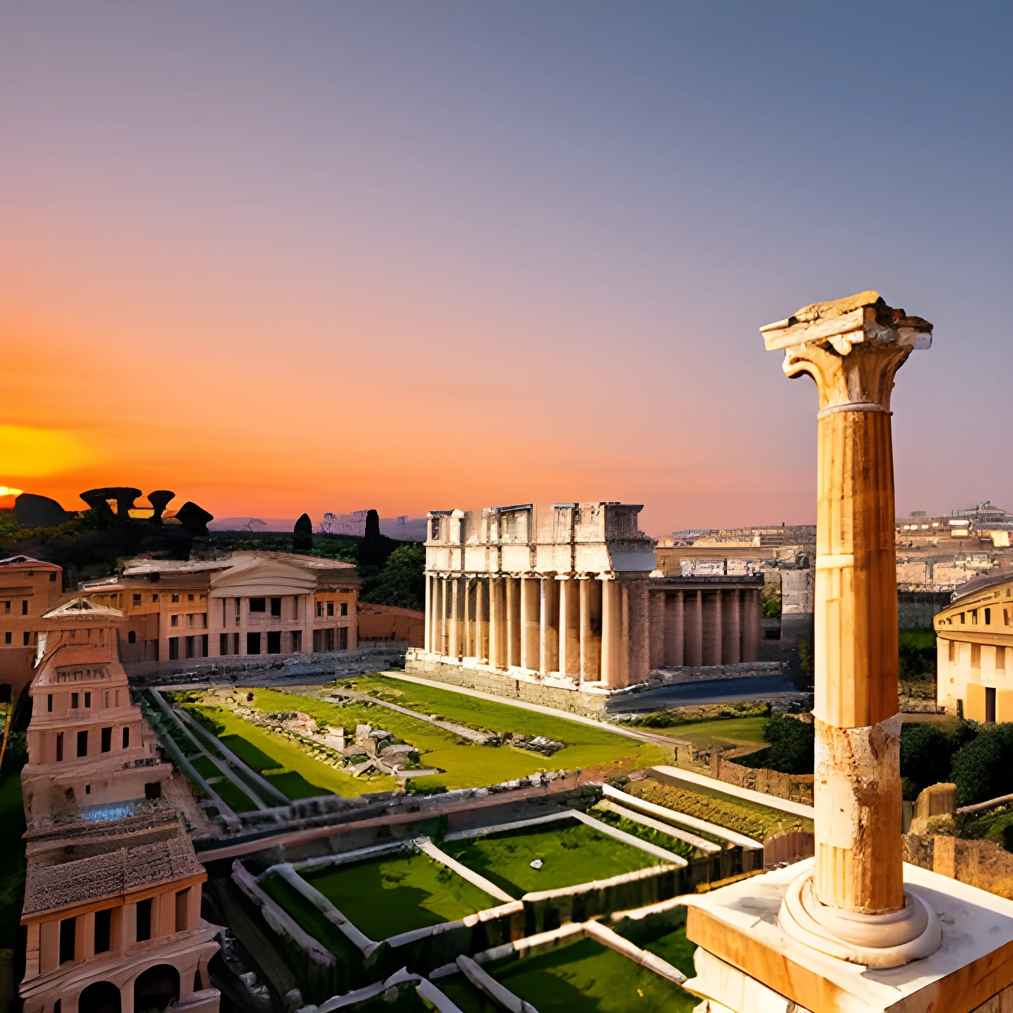 masterpiece, real ancient rome city in activity, with a white marble column on the right in the foreground of the photo, on sunset, orange light
