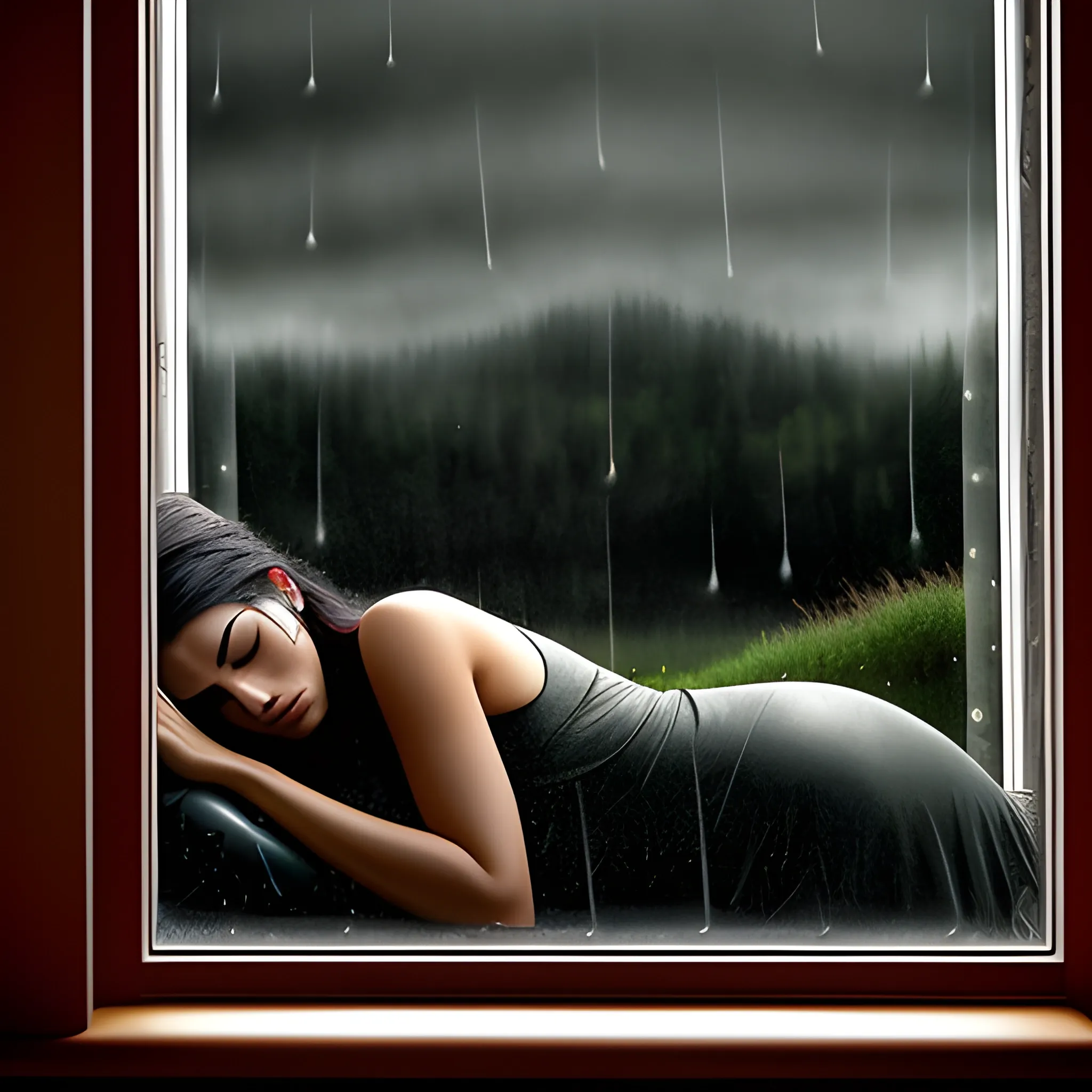 Epic beautiful shot of a beautiful girl sleeping, dark room, gloomy rainy weather outside the window