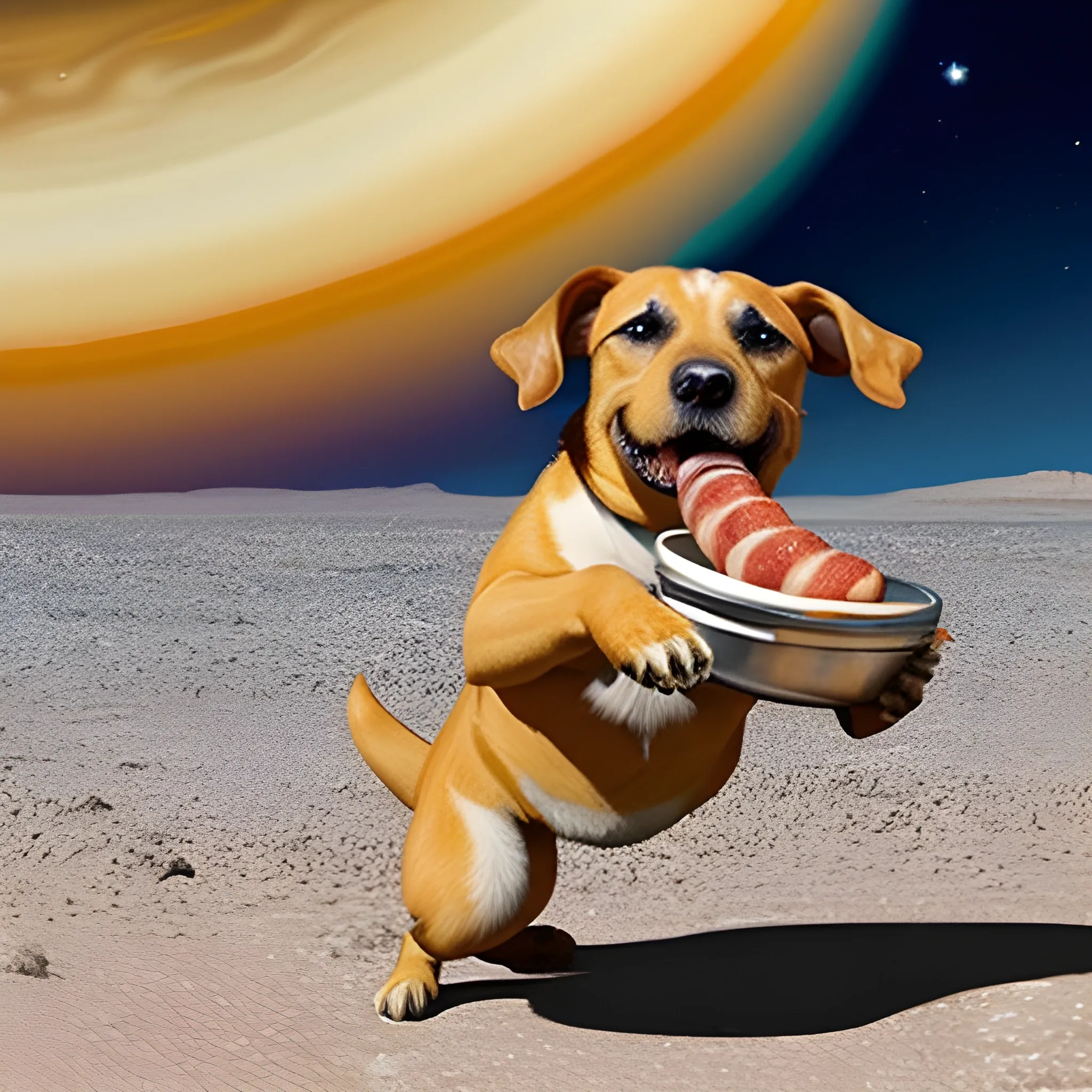 un perro comiendo una salchicha en saturno
