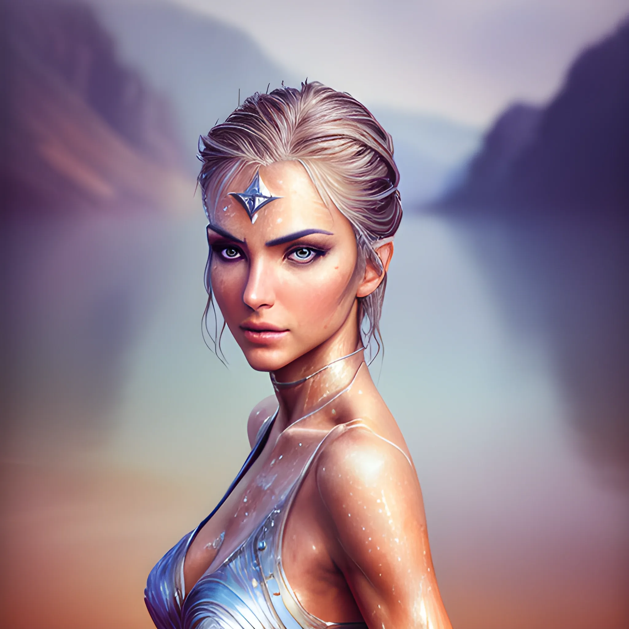 Slim, Star Warrior, perky, feminine, smoldering look, perfect composition, beautiful, sharp focus, hyperdetailed, naturalistic photograph, by a famous landscape photographer, Water Color, 3D