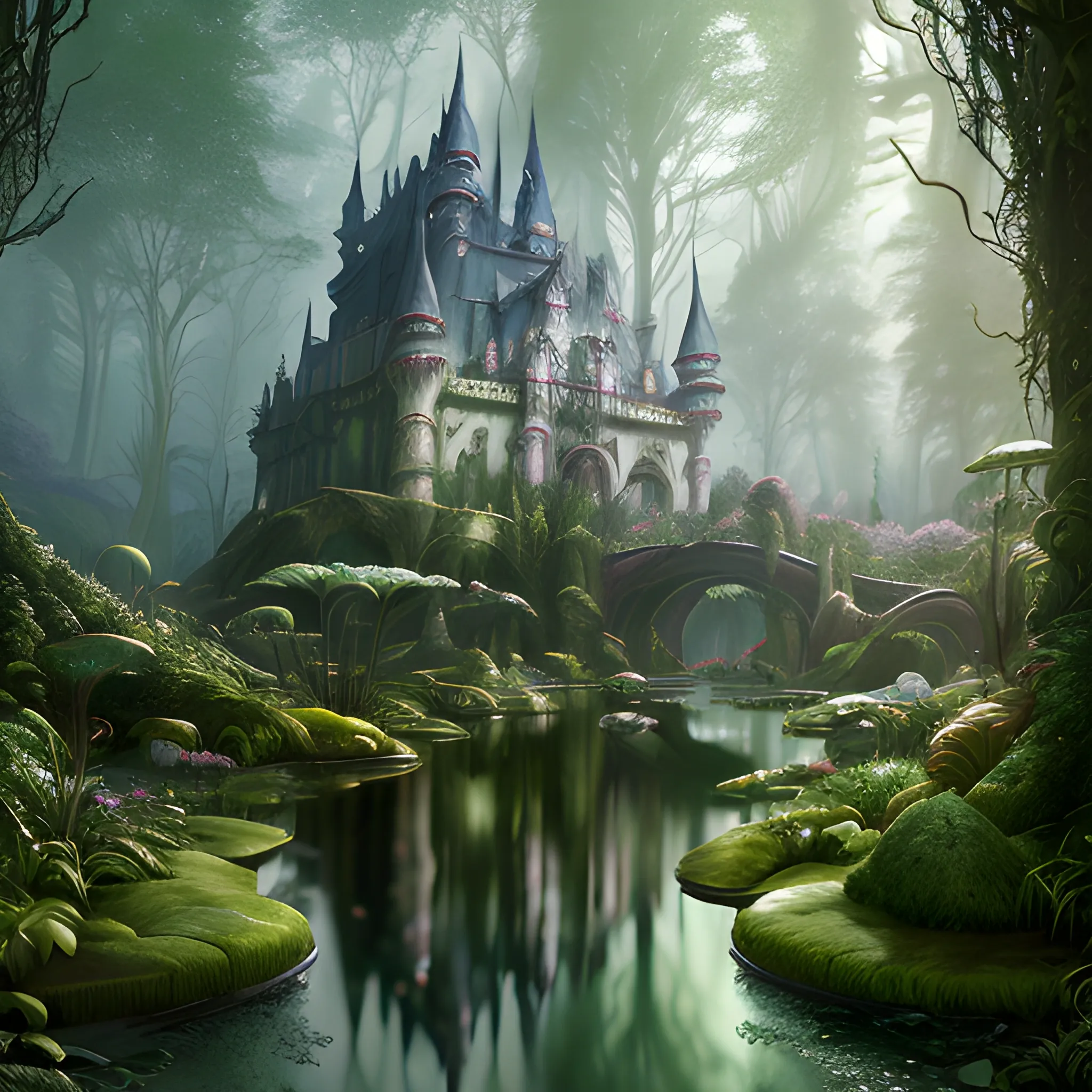 forest inside a castle, masterpiece, perspective, art nouveau, animation art, dark fantasy, overgrown with lush vegetation, cinematic, soft, detailed, hyperrealism, very small aperture, clear reflection, post production, post processing, 8k, retouching, HDR, super resolution, soft lighting, Ray Tracing global illumination, Lumen reflections, pastel color palette, art deco, Bloodborne feel, waterfalls, a little house inside a castle