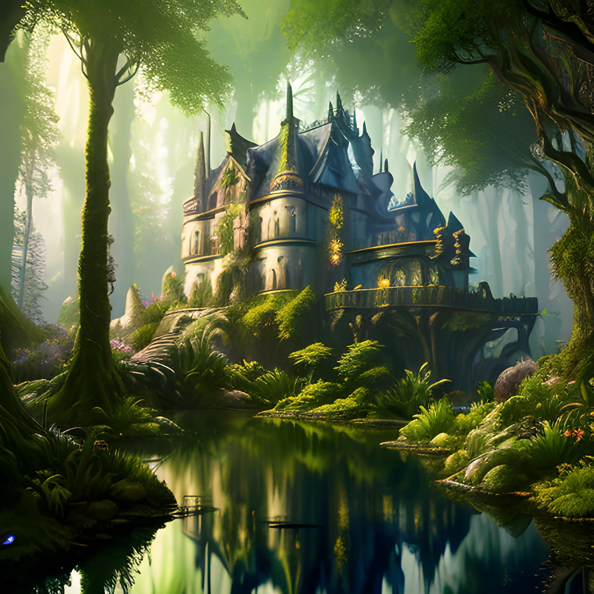 forest inside a castle, masterpiece, perspective, art nouveau, animation art, dark fantasy, overgrown with lush vegetation, cinematic, soft, detailed, hyperrealism, very small aperture, clear reflection, post production, post processing, 8k, retouching, HDR, super resolution, soft lighting, Ray Tracing global illumination, Lumen reflections, pastel color palette, art deco, Skyrim feel, waterfalls, a house in the woods. 