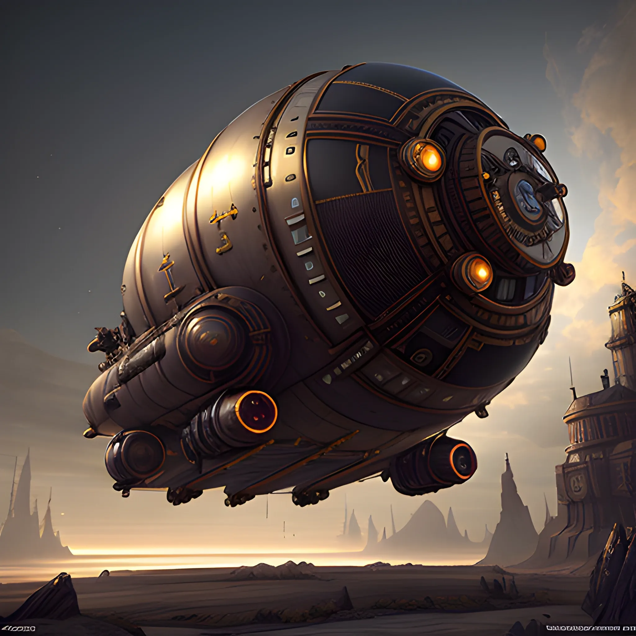 masterpiece, inflated steampunk spaceship, film quality, unreal engine, matte, award-winning, beautiful studio Darklight