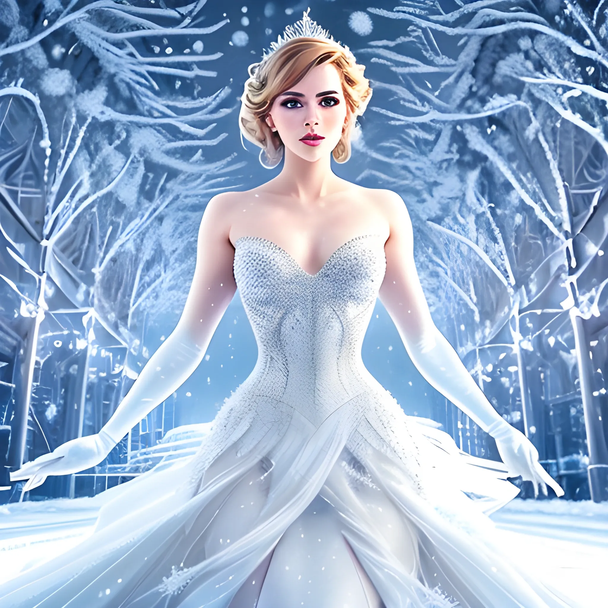 Jennette McCurdy is portrayed as the iconic Elsa from Disney's Live series in this stunning full-body portrait that captures her beauty and grace in a snowy environment. The image features Emma Watson dressed in an elegant white dress with intricate details, surrounded by a beautiful winter landscape with snowflakes falling gently around her. The cinematic style adds to the grandeur of the scene, while the cover art quality enhances its appeal as a work of art. The highly detailed and smooth image showcases Emma Watson's athletic physique in an intricate way that captures your attention from every angle. Overall, this full-body portrait illustration showcases Emma Watson's beauty in a stunning and realistic way that transports you into the world of Disney's Live series. The combination of cinematic lighting, atmospheric scenery, ultra photoreal quality, 8k sharp focus, smiling expression, athletic pose, surprised look, and swimming action make it one of the most breathtaking and captivating images available today. 