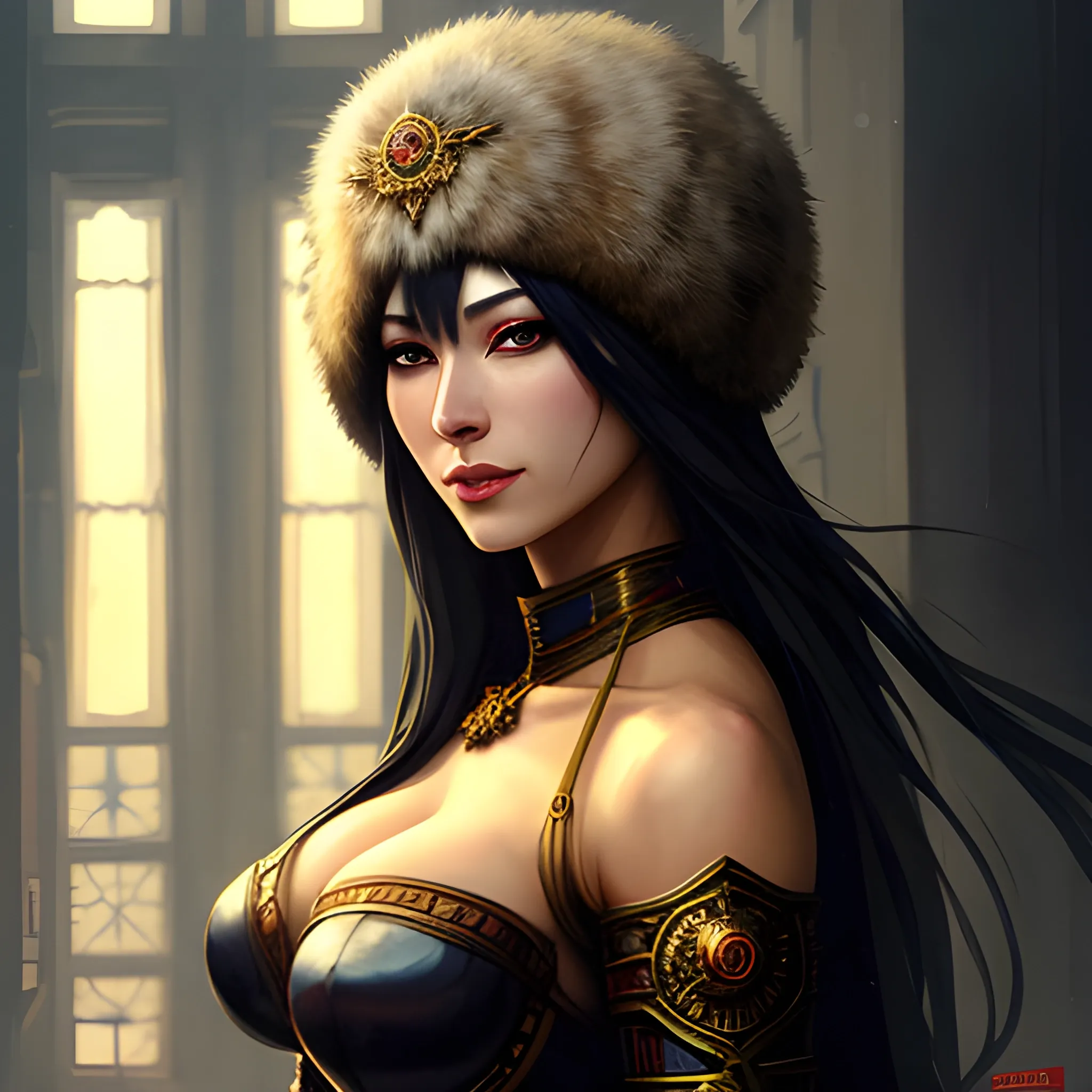 female siberian Russian concubine with slim curvy body, wearing a ushanka, at night, 1400s, painting by gaston bussiere, greg rutkowski, yoji shinkawa, yoshitaka amano, tsutomu nihei, donato giancola, tim hildebrandt, oil on canvas, {full body shot:from behind shot:looking over shoulder}, traditional russian clothing, trending on artstation, featured on pixiv, cinematic composition, extreme detail, metahuman creator, (best quality:1.4), ((masterpiece)), ((realistic)), (detailed), portrait_of_exotic_girls, seductive_smile, (((sexy))), godrays, dust in the air