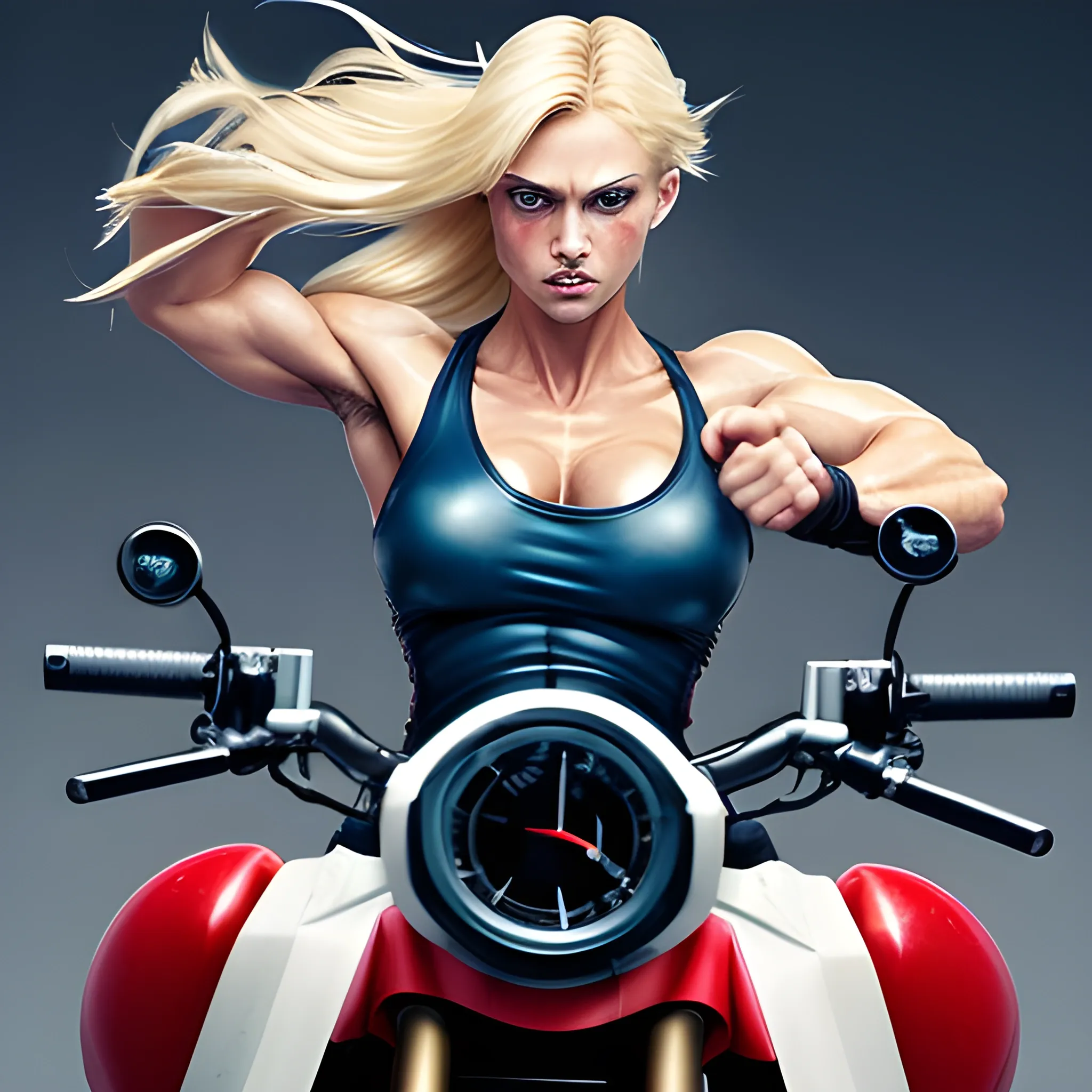 Female figure. Greater bicep definition. clearer blue eyes. Nosebleed. Long Blonde hair flapping. Frostier, motion action effects. Fierce combat stance. Riding Motorcycle. Use a palette that complements the style of Jules Vernes