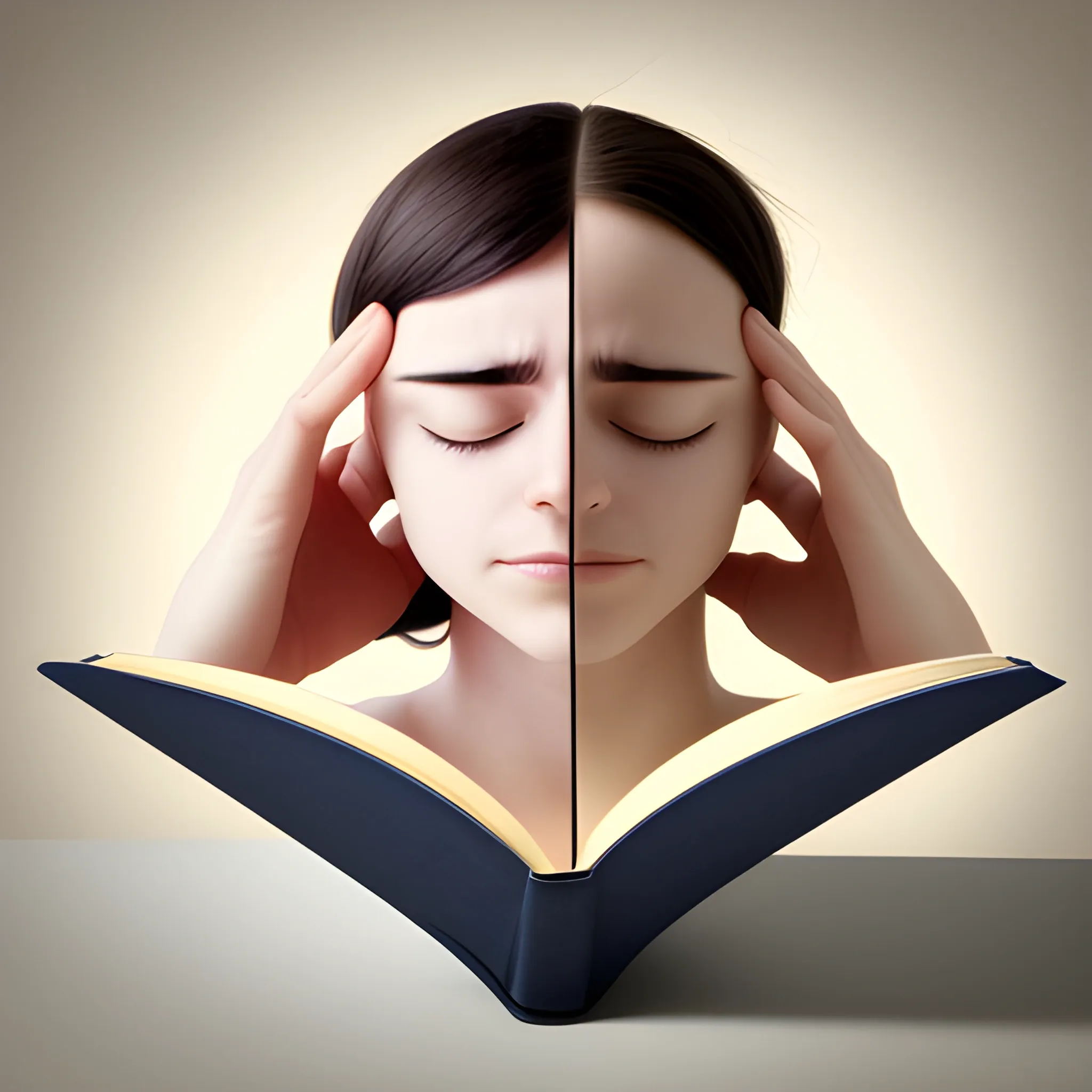 Generate an image of a person holding their own head, with the head merging into an open book.