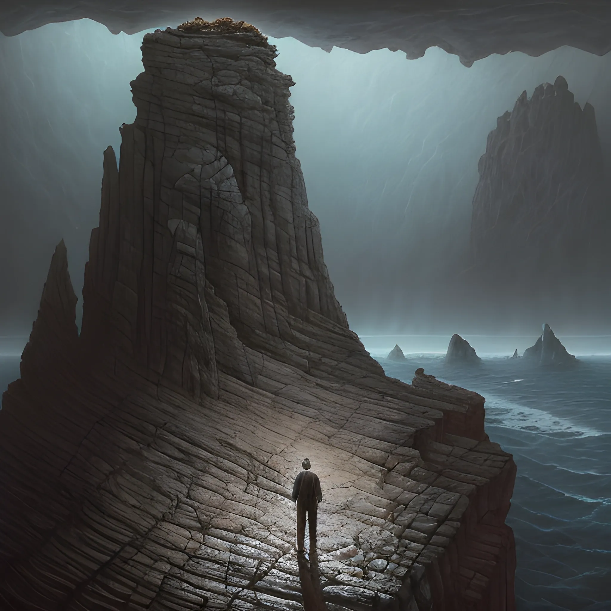 A man standing on a massive rocky cliff, surreal creatures lurking below, oil painting, detailed rock formation, mysterious atmosphere, high quality, surrealism, dark tones, dramatic lighting, detailed facial features, surreal creatures, wilderness, oil painting, dramatic shadows, rugged terrain, larger than life, eerie, highres, surreal, detailed