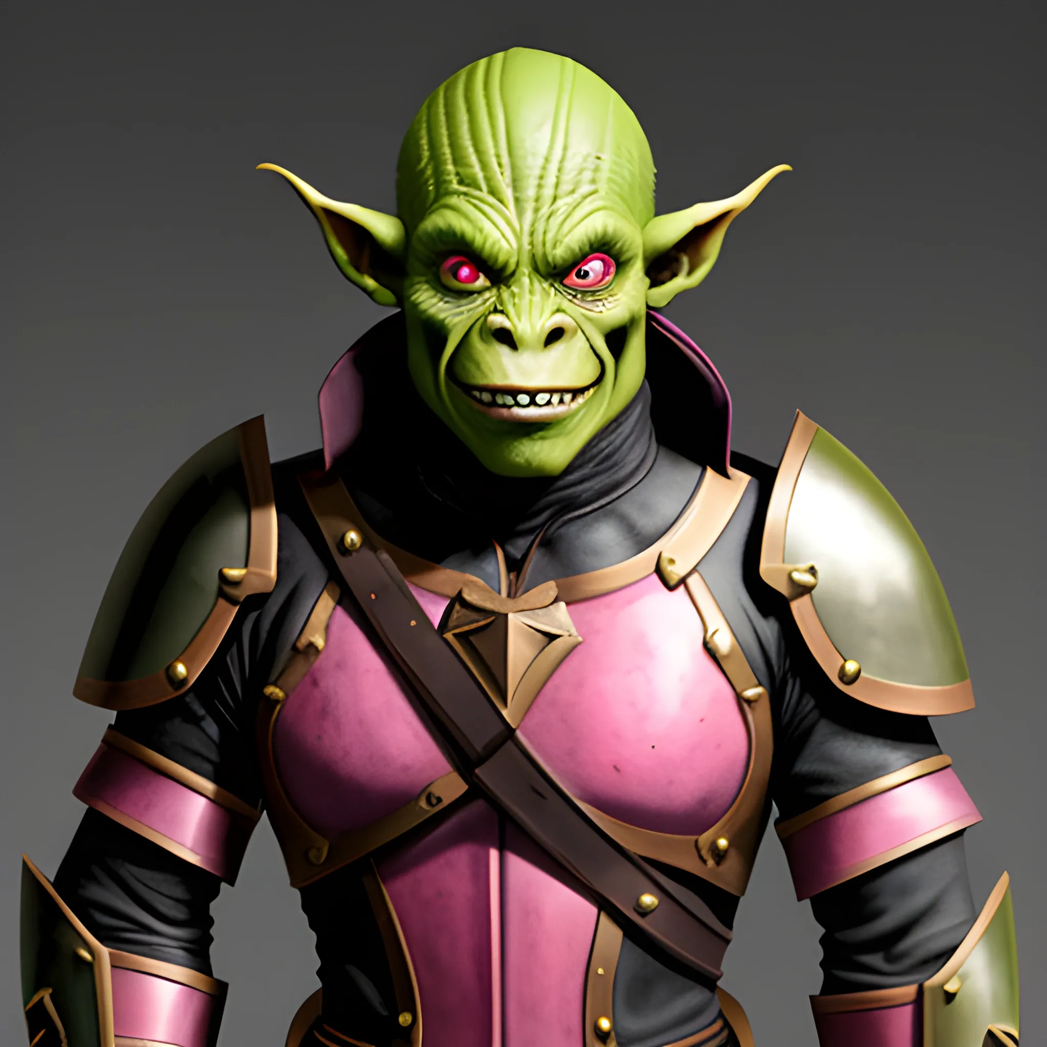 [16 year old Small male goblin black hair] 
[pink eyes] [green skin] [wielding ONLY club] [shield PLACED ON HIS back] [tattered brown leather armor] 

