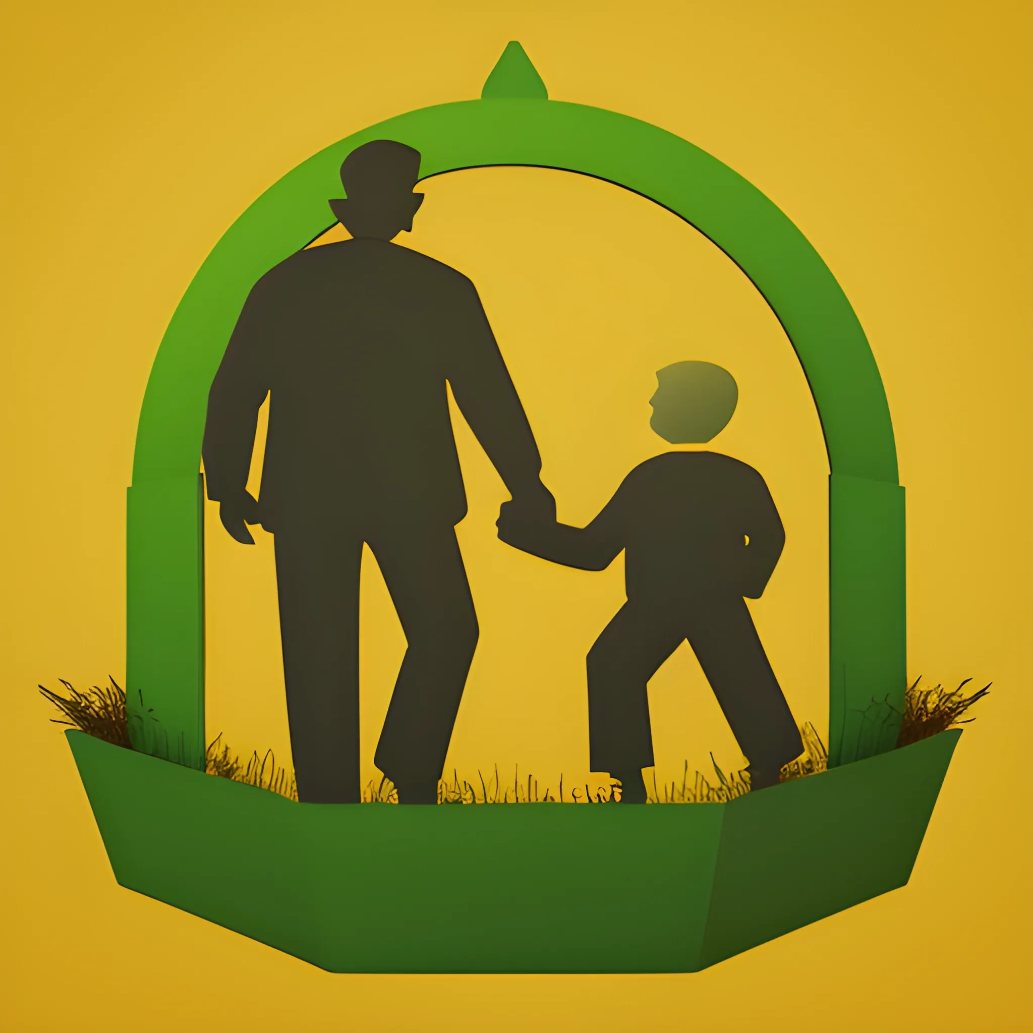 FATHER'S DAY SILOHUETTE, vector, 2 colors: yellow and brown, green croma background, father´s activities silohuette, 3D