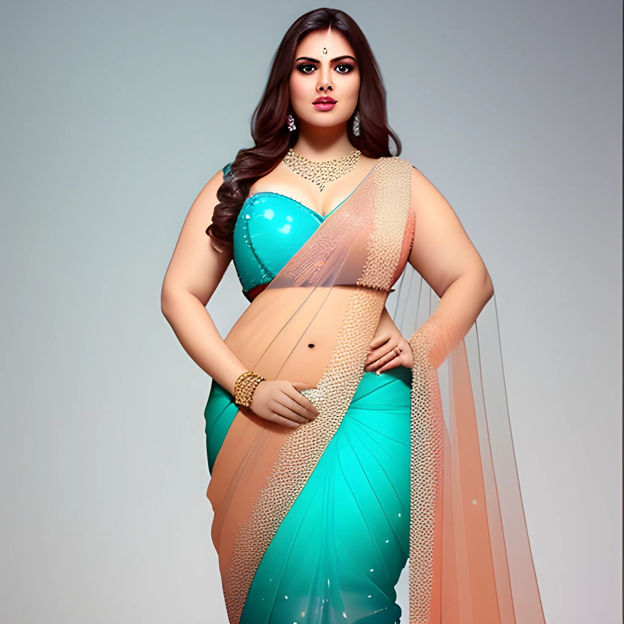 create a plus size leady in transparent saree, cleavage visible