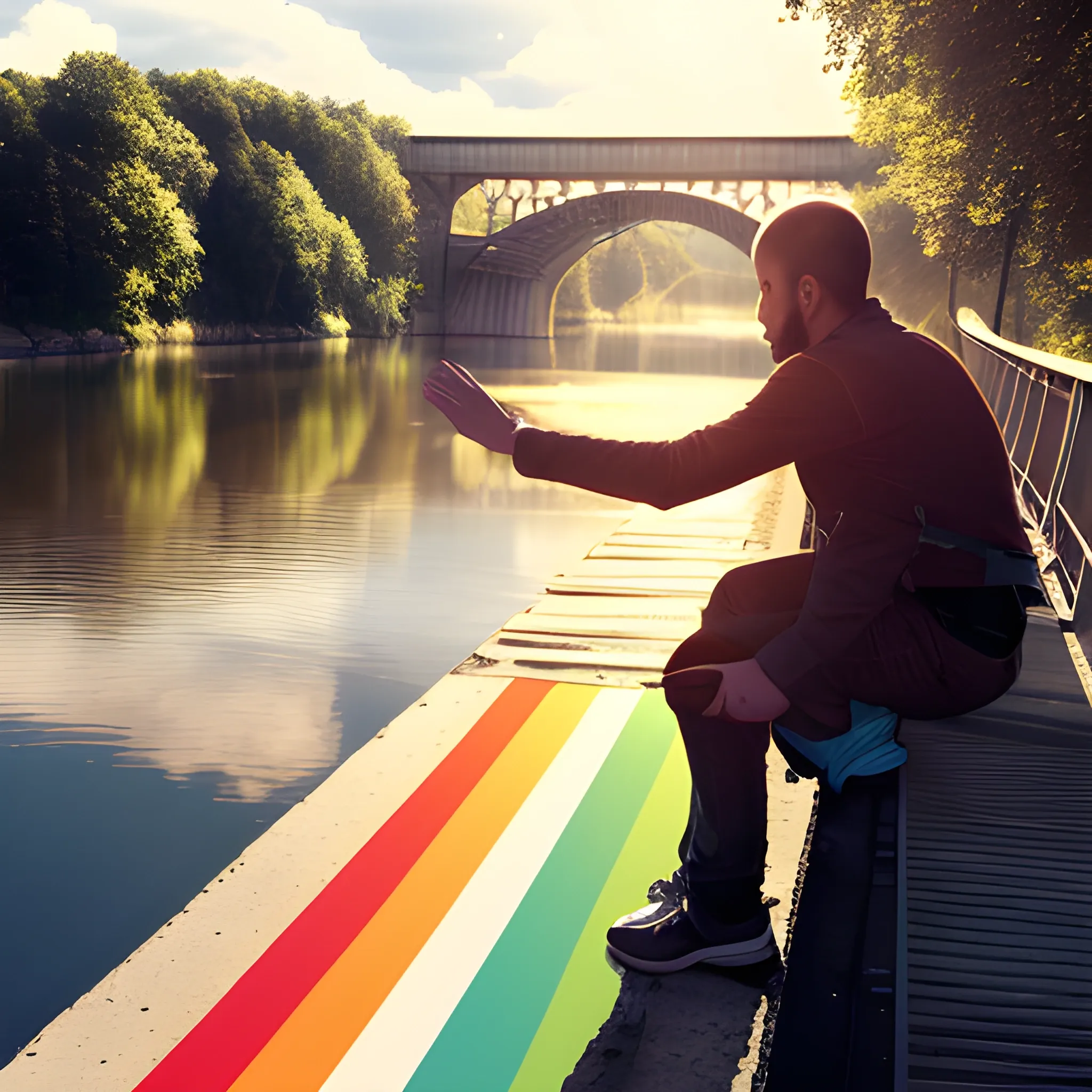 a man sitting on the edge of a bridge, about to jump, while the day is sunny and there is a rainbow in front of the bridge, Trippy