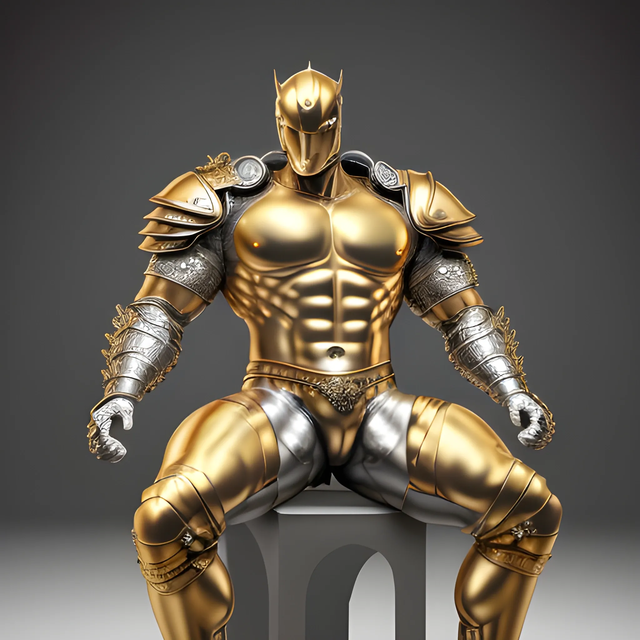 best quality, masterpiece, bulge man, muscular, ultra high res, photorealistic, detailed skin male, (silver armor with golden trims:1.15), (golden armor:1.05), front view, sitting,big pectoral muscles, big crotch, bulging crotch, (high quality), (detailed), (masterpiece), (best quality), (highres), (extremely detailed), (8k), HD, 8k, photography,realism,