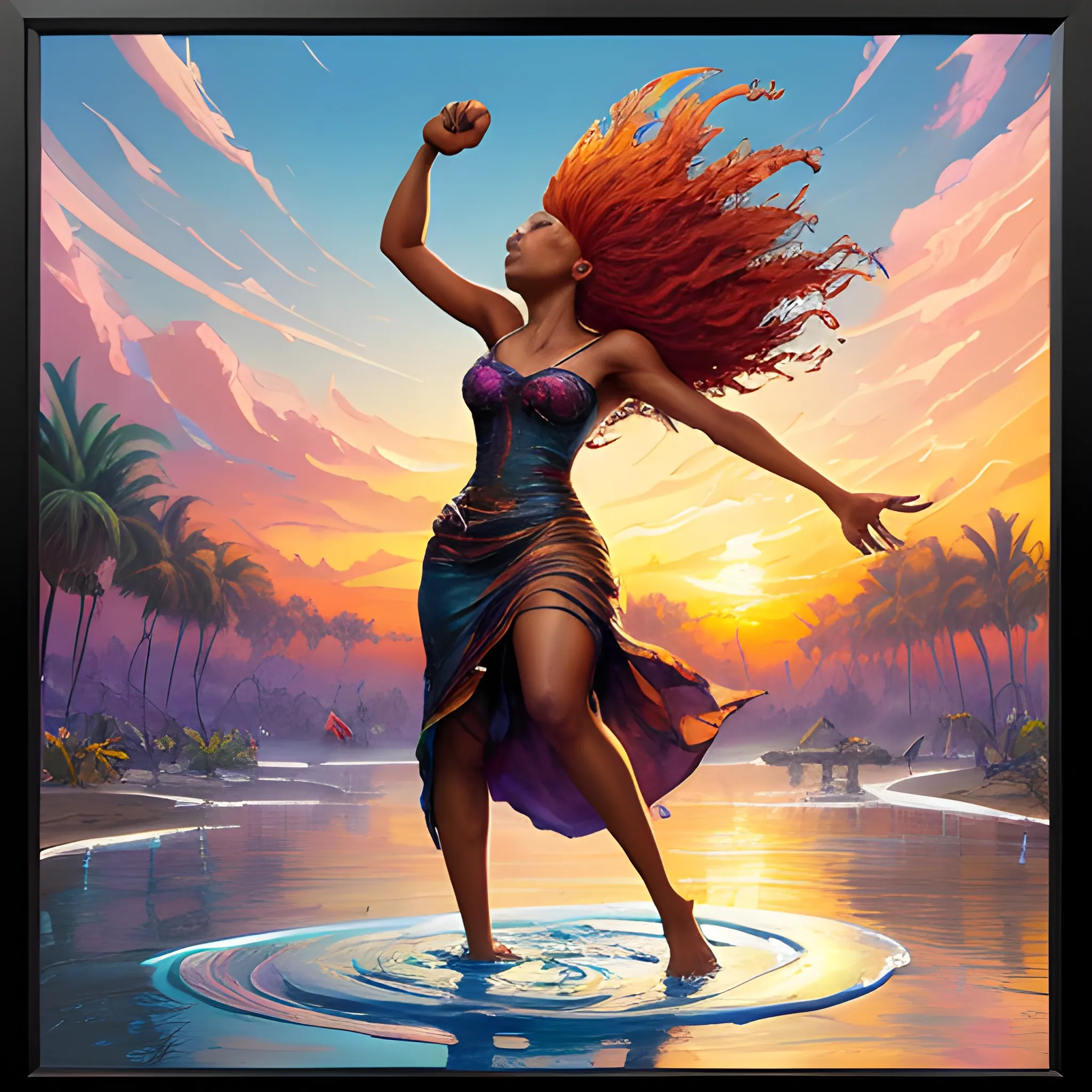 Splash art, music album, cover art, painting of an African woman with red hair holding a ukulele in one hand and the other hand making a victory fist in the sky, beautiful sunset, palm trees, closed eyes, people in the background dancing, tropical paradise, palm trees, facing the audience, intense gaze, framed, surreal, epic, art station, colorful splash style, melting splash swirl, contour, intricate detail, screen splatter, complementary colors, fantasy concept art, 8k resolution, warped masterpiece, paint drip, splash arts, unreal engine, greg rutkowski, levish, rods, biple, makoto shinkai and lois van barel, ilya kushinov, russ draw, tom Bagshaw, Alphonse Mocha, global illumination, detailed and complex environment, Oil Painting