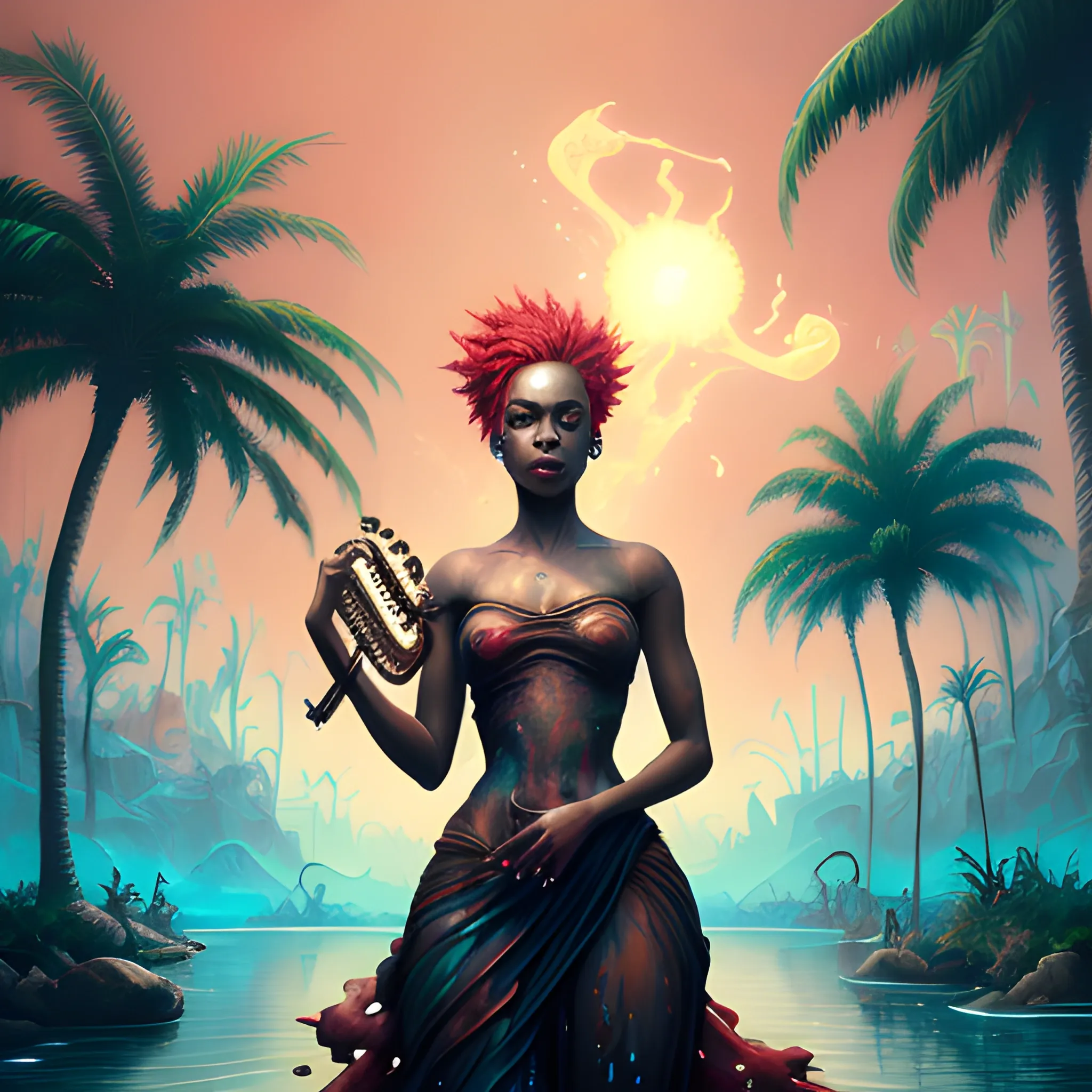 Splash art, music album, cover art, is a painting of an African woman looking at the camera and holding a ukulele with red hair in one hand and the other hand making a victory fist in the sky, beautiful sunset, palm trees, closed eyes, People dancing in the background, tropical African paradise, palm trees, facing the audience, intense gaze, in the frame, surrealistic, epic, art station, colorful splash style, melting splash swirl, contour, Intricate detail, splash screen, complementary colors, fantasy concept art, 8k resolution, warped masterpiece, paint drip, splash art, unreal engine, Greg Rutkowski, Levish, Rods, Beeple, Makoto Shinkai and Louis van Burrell, Ilya Kushinov , Ross Drew, Tom Bagshaw, Alphonse Mocha, global lighting, detailed and complex environment, Oil Painting