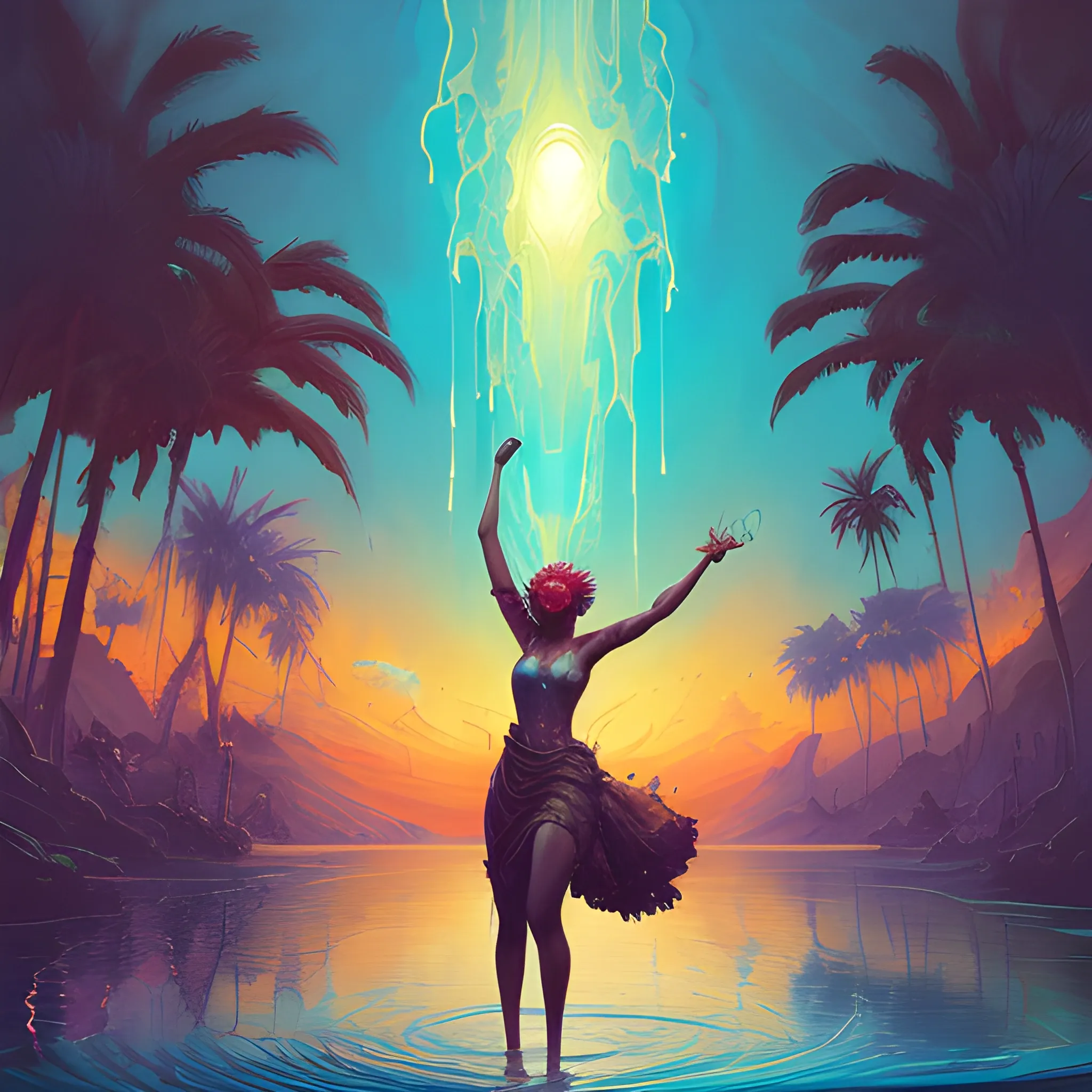 Splash art, music album, cover art, is a painting of an African woman looking at the camera and holding a ukulele with red hair in one hand and the other hand making a victory fist in the sky, beautiful sunset, palm trees, closed eyes, People dancing in the background, tropical African paradise, palm trees, facing the audience, intense gaze, in the frame, surrealistic, epic, art station, colorful splash style, melting splash swirl, contour, Intricate detail, splash screen, complementary colors, fantasy concept art, 8k resolution, warped masterpiece, paint drip, splash art, unreal engine, Greg Rutkowski, Levish, Rods, Beeple, Makoto Shinkai and Louis van Burrell, Ilya Kushinov , Ross Drew, Tom Bagshaw, Alphonse Mocha, global lighting, detailed and complex environment, Oil Painting