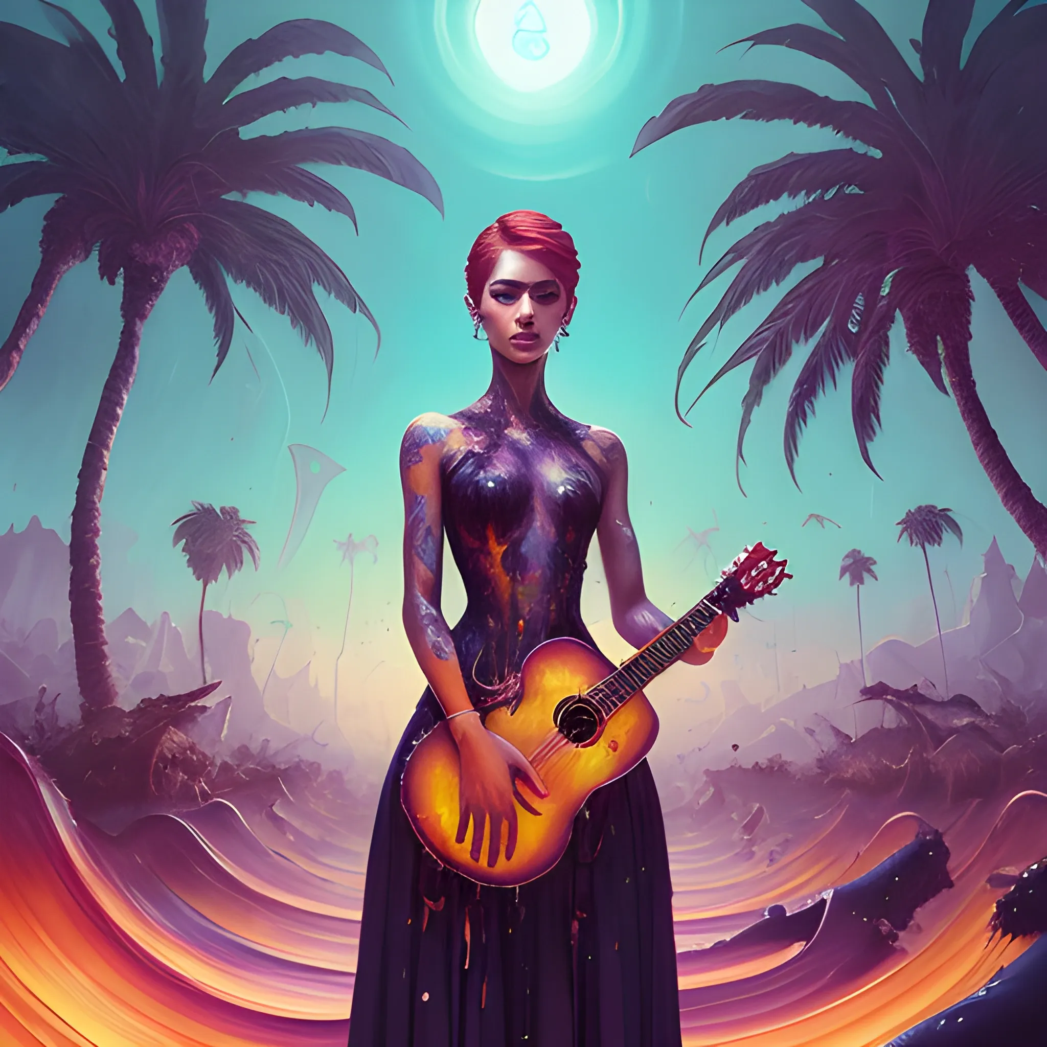 Splash art, music album, cover art, is a painting of an iranian woman looking at the camera and holding a ukulele with red hair in one hand and the other hand making a victory fist in the sky, beautiful sunset, palm trees, closed eyes, People dancing in the background, tropical African paradise, palm trees, facing the audience, intense gaze, in the frame, surrealistic, epic, art station, colorful splash style, melting splash swirl, contour, Intricate detail, splash screen, complementary colors, fantasy concept art, 8k resolution, warped masterpiece, paint drip, splash art, unreal engine, Greg Rutkowski, Levish, Rods, Beeple, Makoto Shinkai and Louis van Burrell, Ilya Kushinov , Ross Drew, Tom Bagshaw, Alphonse Mocha, global lighting, detailed and complex environment, Oil Painting