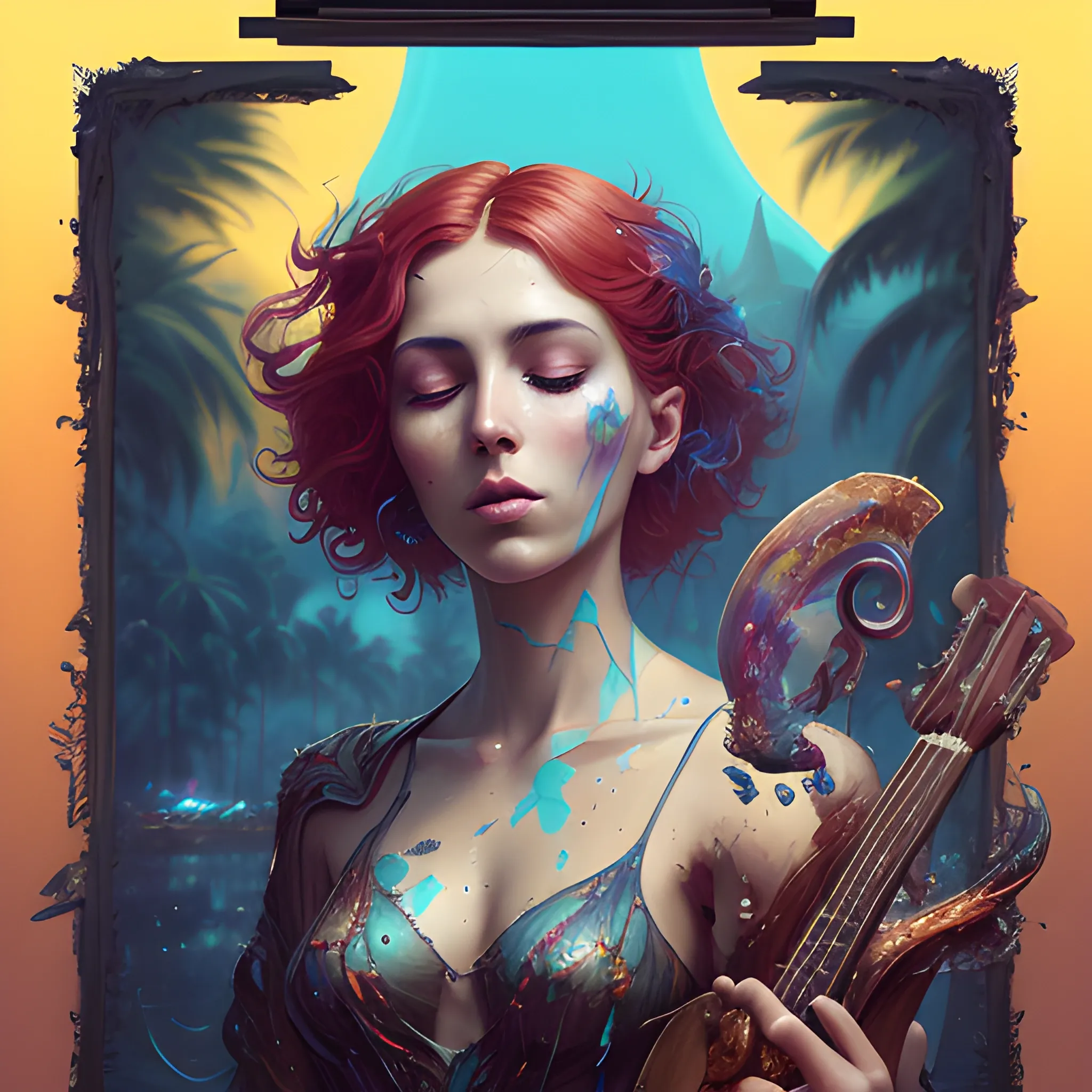 Splash art, music album, cover art, is a painting of an iranian woman looking at the camera and holding a ukulele with red hair in one hand and the other hand making a victory fist in the sky, beautiful sunset, palm trees, closed eyes, People dancing in the background, tropical African paradise, palm trees, facing the audience, intense gaze, in the frame, surrealistic, epic, art station, colorful splash style, melting splash swirl, contour, Intricate detail, splash screen, complementary colors, fantasy concept art, 8k resolution, warped masterpiece, paint drip, splash art, unreal engine, Greg Rutkowski, Levish, Rods, Beeple, Makoto Shinkai and Louis van Burrell, Ilya Kushinov , Ross Drew, Tom Bagshaw, Alphonse Mocha, global lighting, detailed and complex environment, Oil Painting