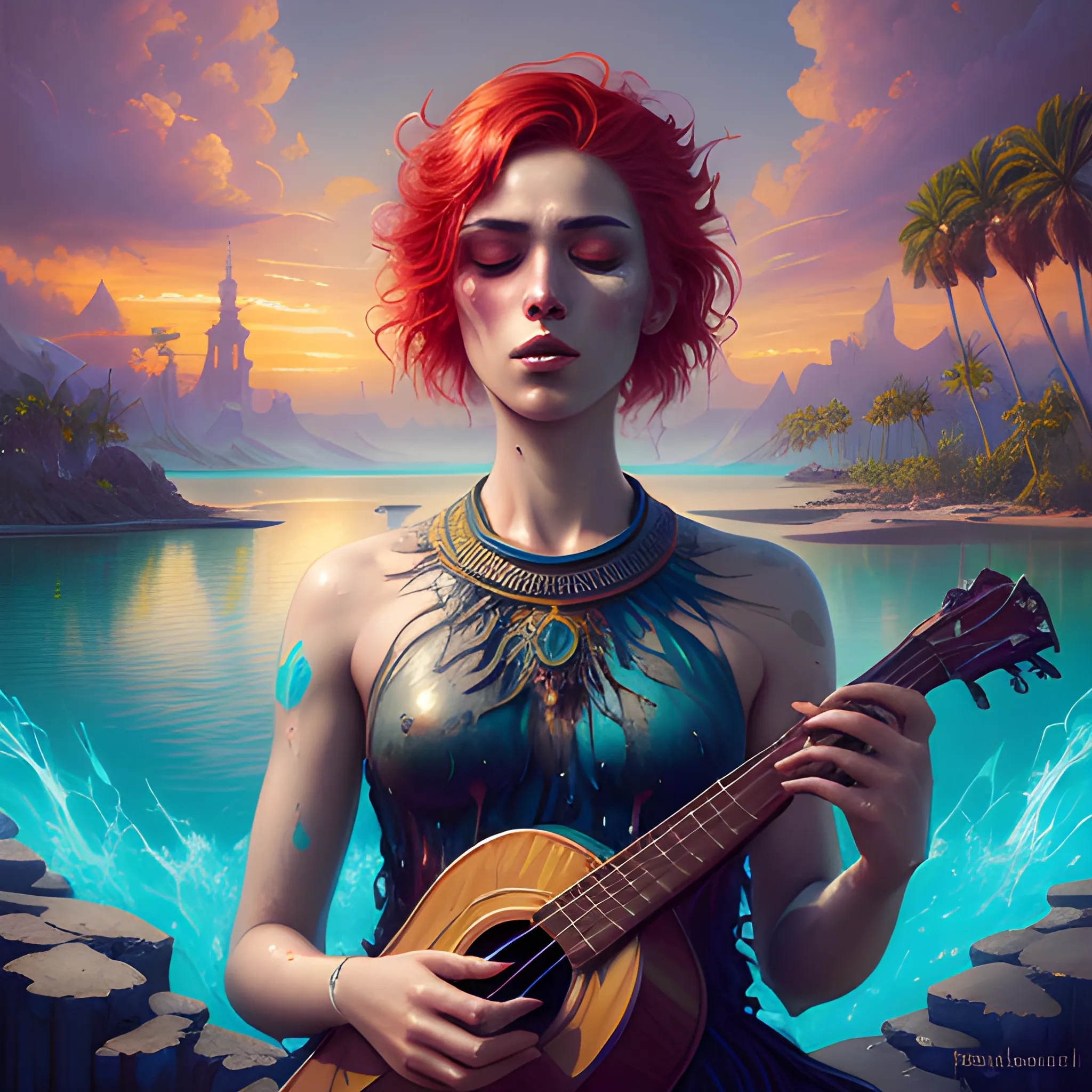 Splash art, music album, cover art, is a painting of an iranian woman looking at the camera and holding a ukulele with red hair in one hand and the other hand making a victory fist in the sky, beautiful sunset, palm trees, closed eyes, People dancing in the background, tropical African paradise, palm trees, facing the audience, intense gaze, in the frame, surrealistic, epic, art station, colorful splash style, melting splash swirl, contour, Intricate detail, splash screen, complementary colors, fantasy concept art, 8k resolution, warped masterpiece, paint drip, splash art, unreal engine, Greg Rutkowski, Levish, Rods, Beeple, Makoto Shinkai and Louis van Burrell, Ilya Kushinov , Ross Drew, Tom Bagshaw, Alphonse Mocha, global lighting, detailed and complex environment, Oil Painting