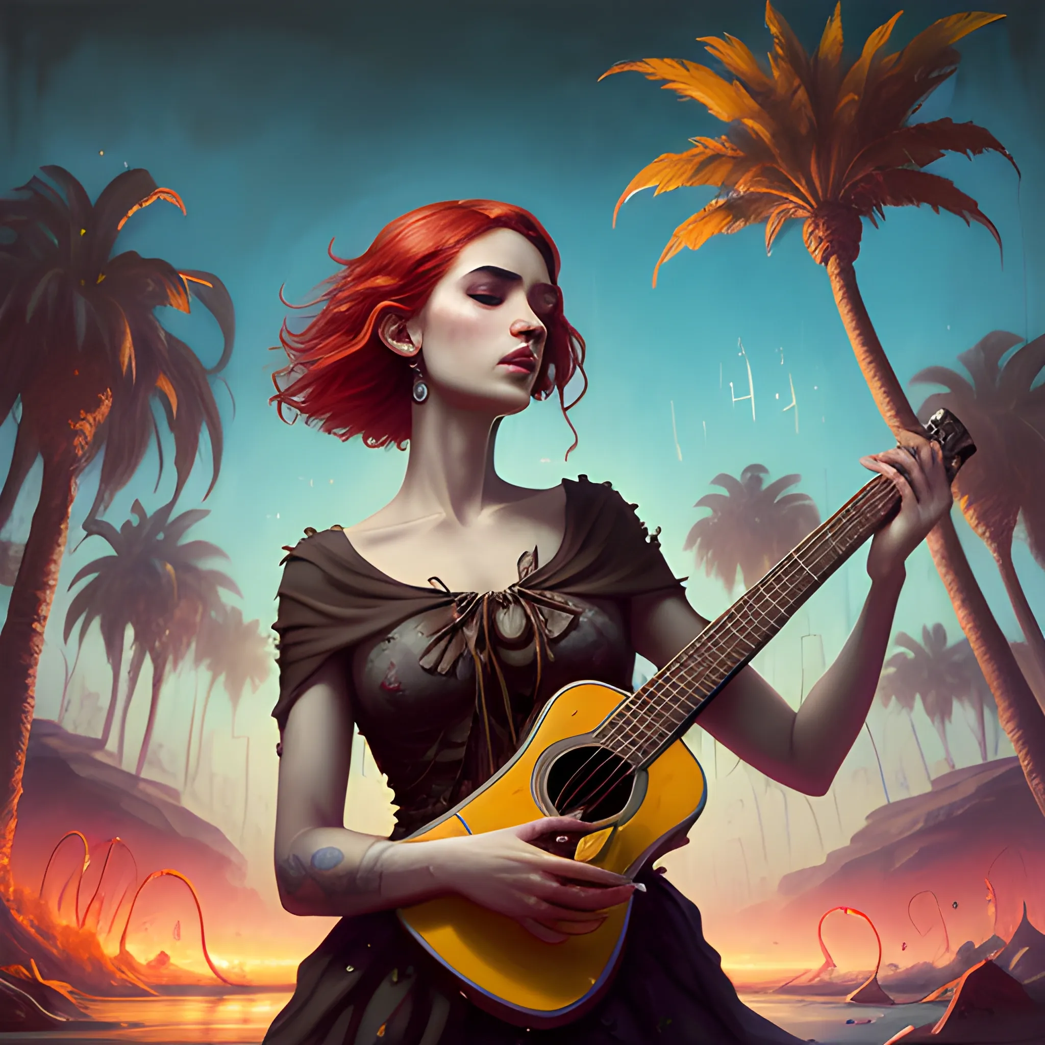 Splash art, music album, cover art, is a painting of an iranian woman looking at the camera and holding a ukulele with red hair in one hand and the other hand making a victory fist in the sky, beautiful sunset, palm trees, closed eyes, People dancing in the background, tropical African paradise, palm trees, facing the audience, intense gaze, in the frame, surrealistic, epic, art station, colorful splash style, melting splash swirl, contour, Intricate detail, splash screen, complementary colors, fantasy concept art, 8k resolution, warped masterpiece, paint drip, splash art, unreal engine, Greg Rutkowski, Levish, Rods, Beeple, Makoto Shinkai and Louis van Burrell, Ilya Kushinov , Ross Drew, Tom Bagshaw, Alphonse Mocha, global lighting, detailed and complex environment, Oil Painting