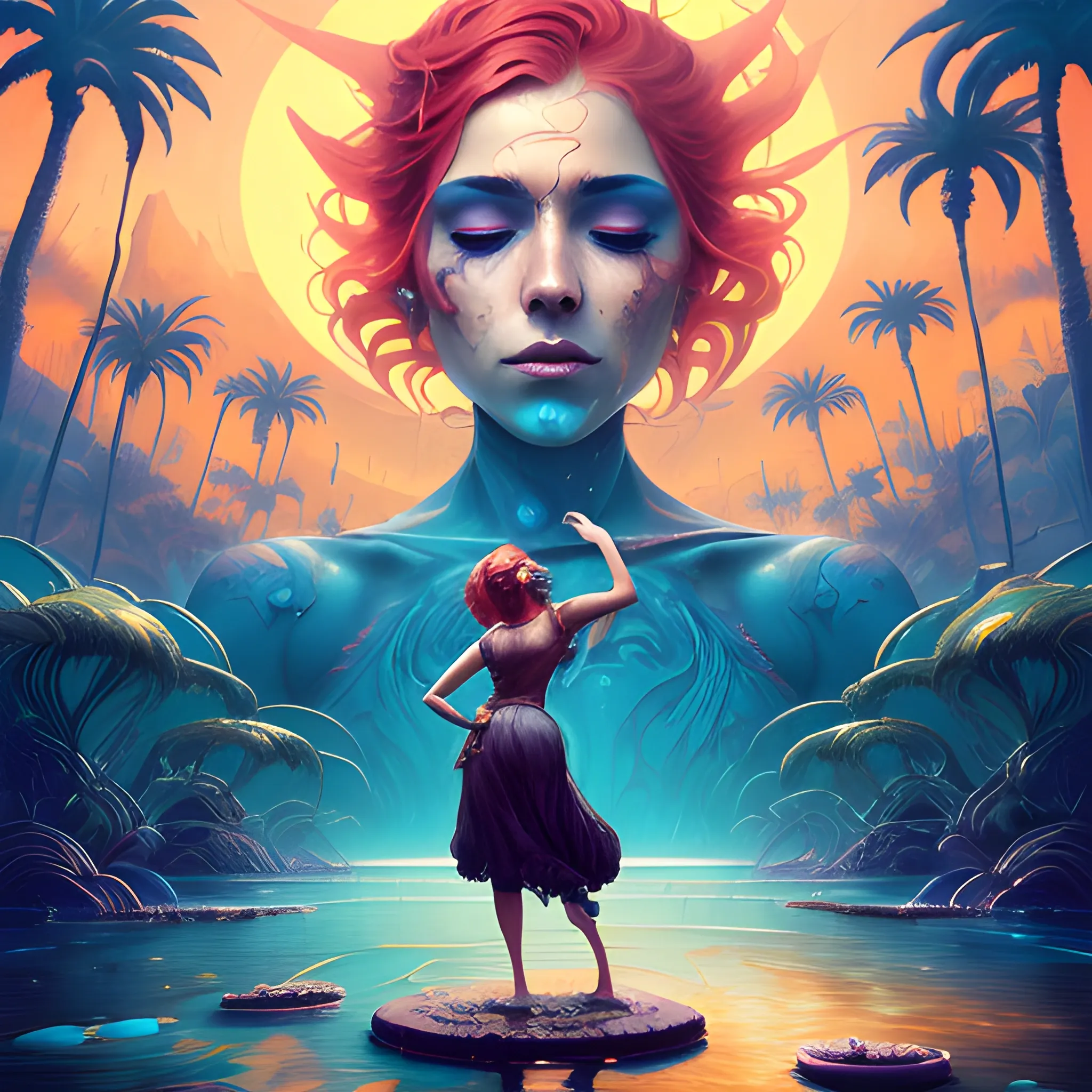 Splash art, music album, cover art, is a painting of an iranian woman looking at the camera and holding a ukulele with red hair in one hand and the other hand making a victory fist in the sky, beautiful sunset, palm trees, closed eyes, People dancing in the background, tropical African paradise, palm trees, facing the audience, intense gaze, in the frame, surrealistic, epic, art station, colorful splash style, melting splash swirl, contour, Intricate detail, splash screen, complementary colors, fantasy concept art, 8k resolution, warped masterpiece, paint drip, splash art, unreal engine, Greg Rutkowski, Levish, Rods, Beeple, Makoto Shinkai and Louis van Burrell, Ilya Kushinov , Ross Drew, Tom Bagshaw, Alphonse Mocha, global lighting, detailed and complex environment, Oil Painting