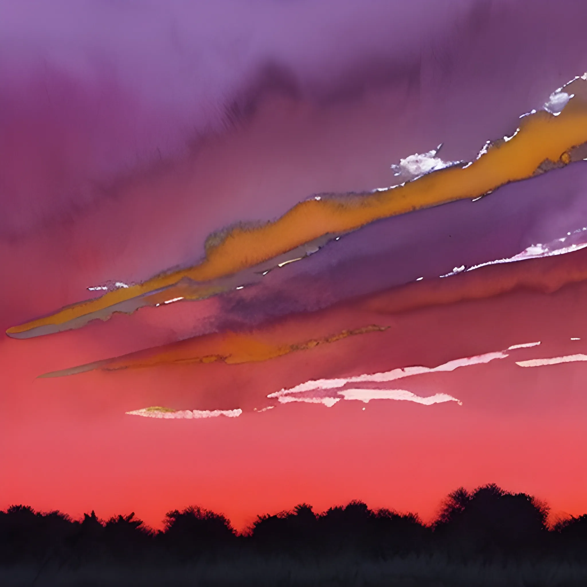 Sky at sunset, with shades of red, magenta, orange, violet, but the clouds seem to be watercolor
