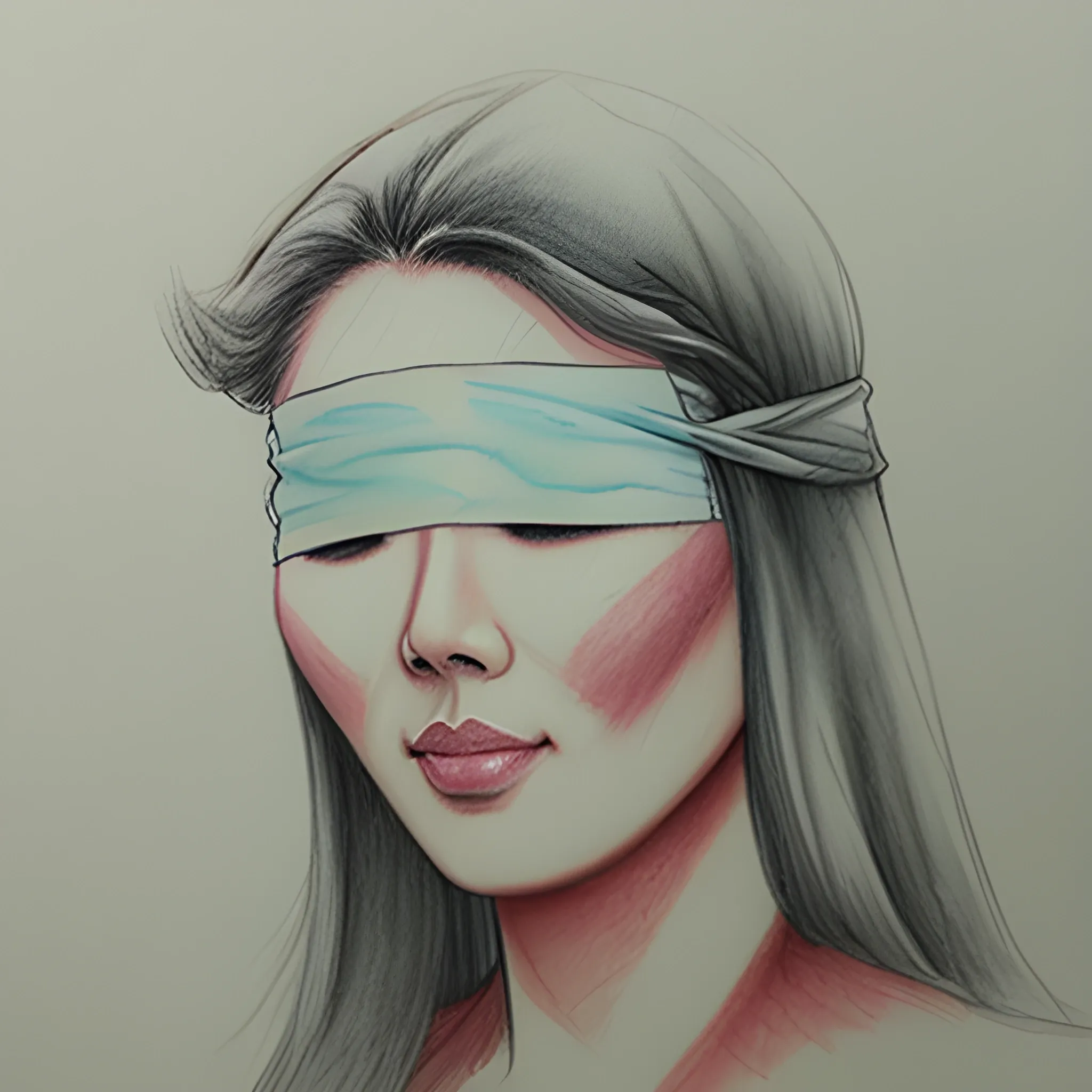 Asian girl, blindfold, calm Pencil Sketch, Water Color