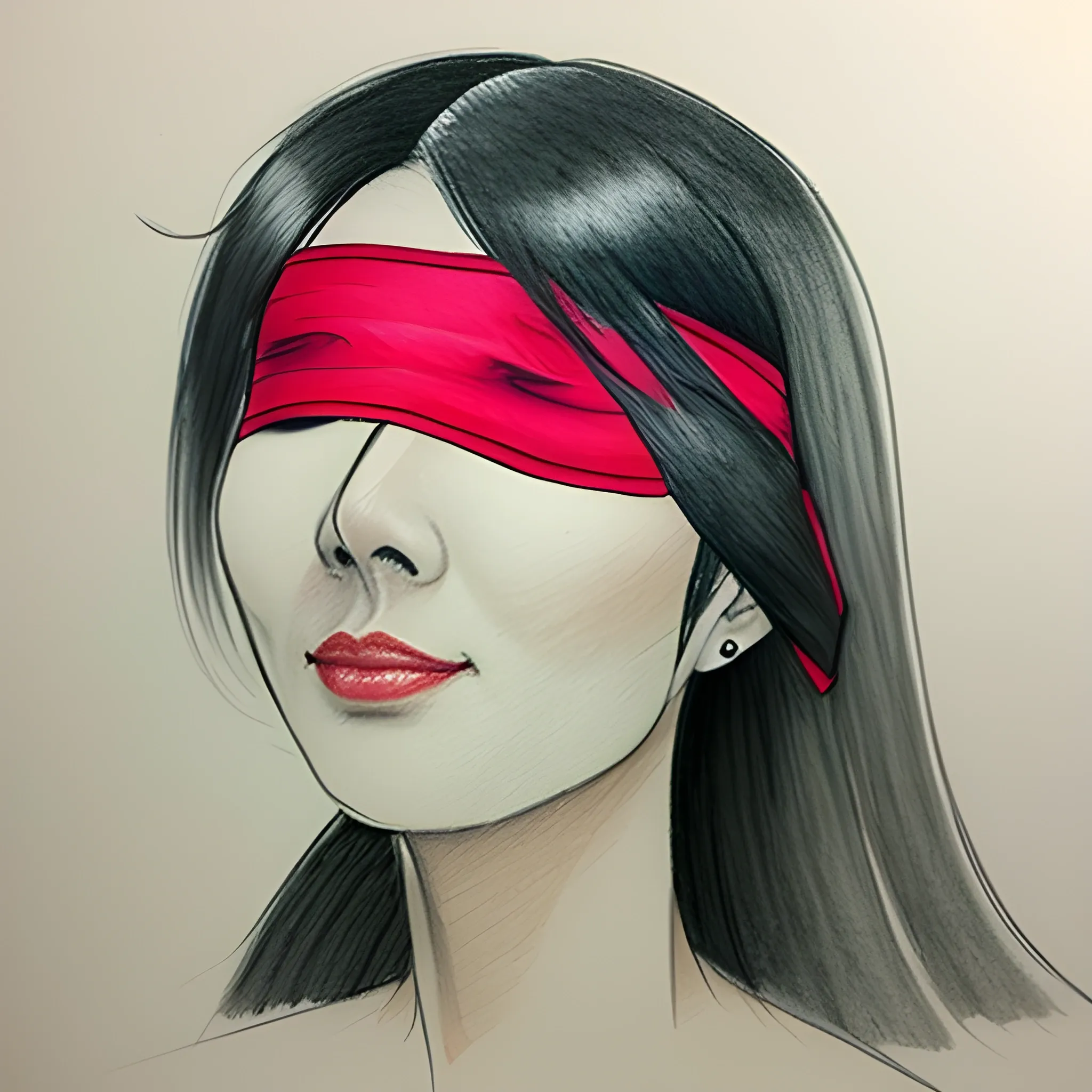 Asian girl, blindfold, calm, based on Visas Marr, Pencil Sketch, Water Color