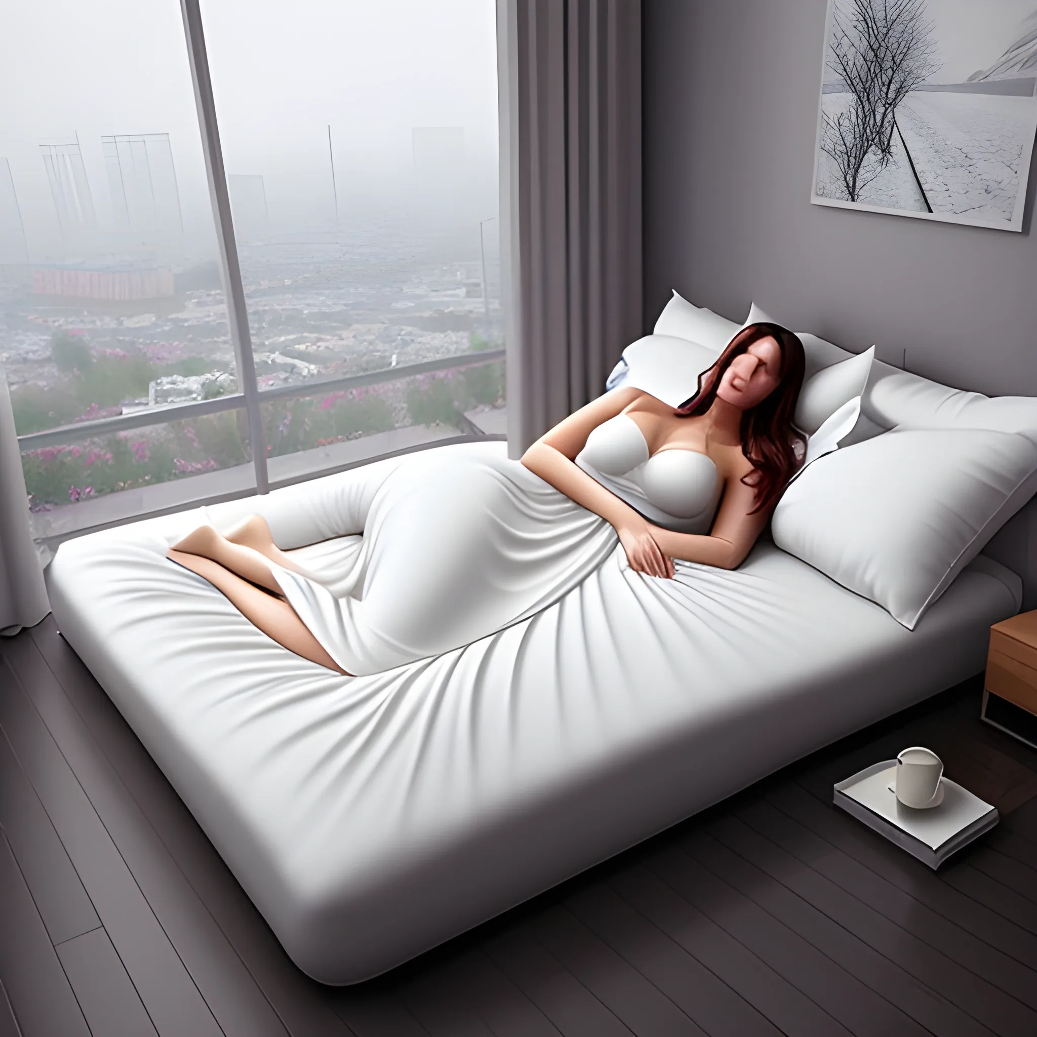 A beautiful girl sleeping, rain outside the window, cloudy day, 30 real, bed, medium distance, 3D