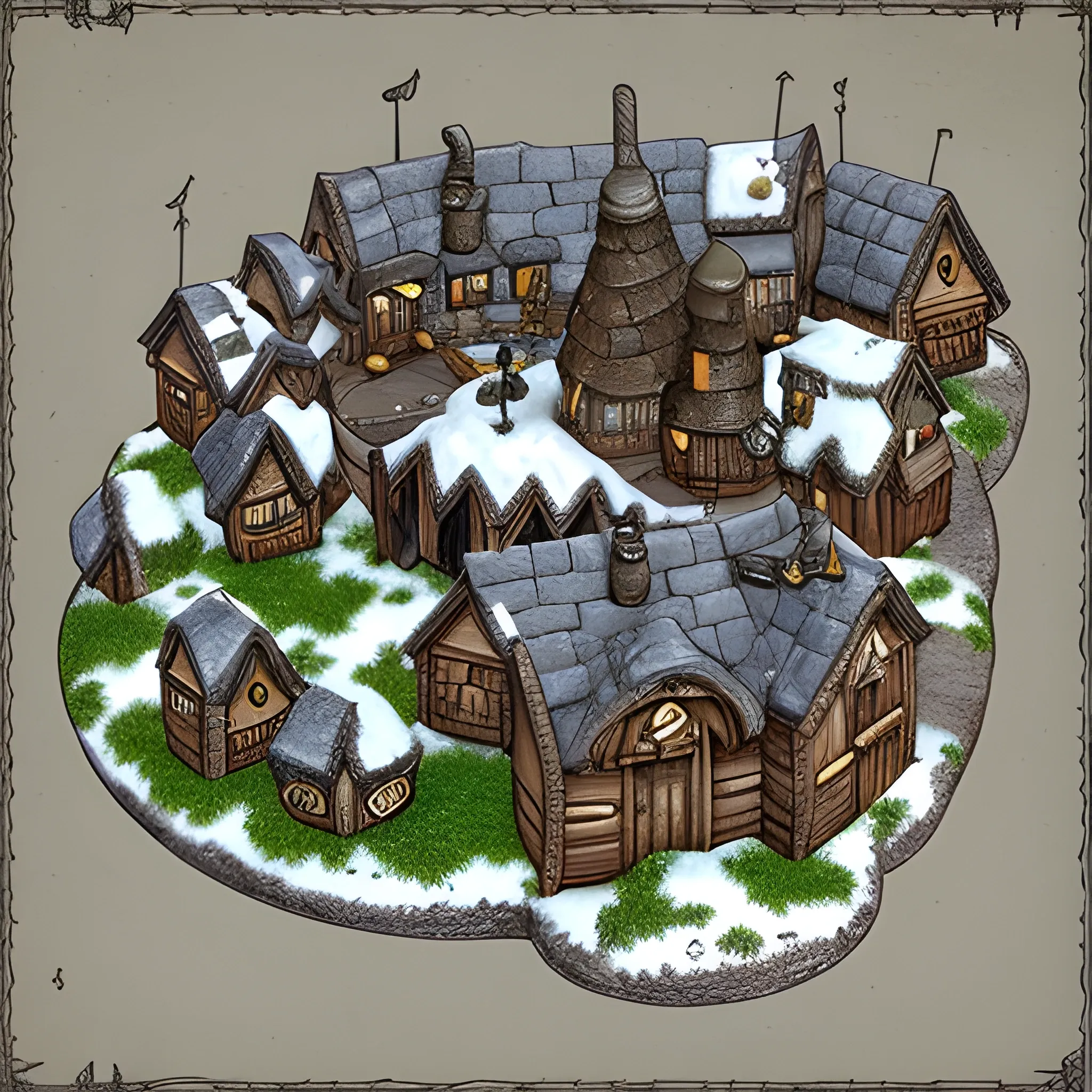 RPG Top Down Battlemap Style: A snowy fantasy hill dwarf town with low bunker like houses and rolling hills.