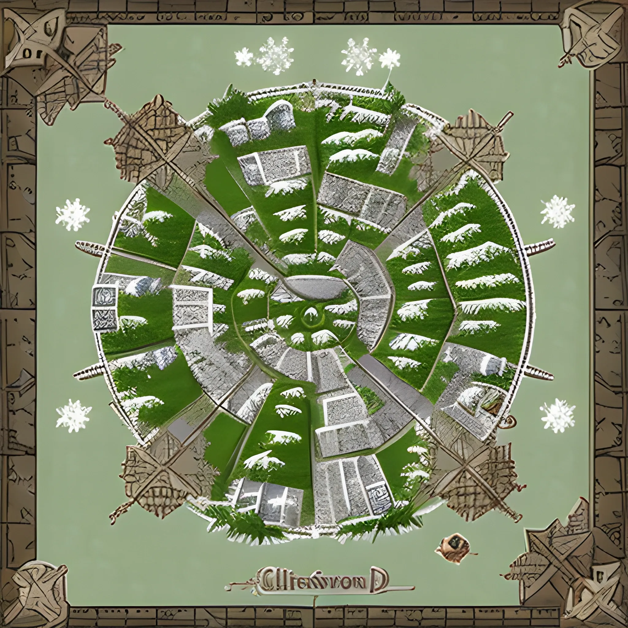 RPG Top Down Battlemap Style: A snowy map, showing a town with grassy hills from birds eye view