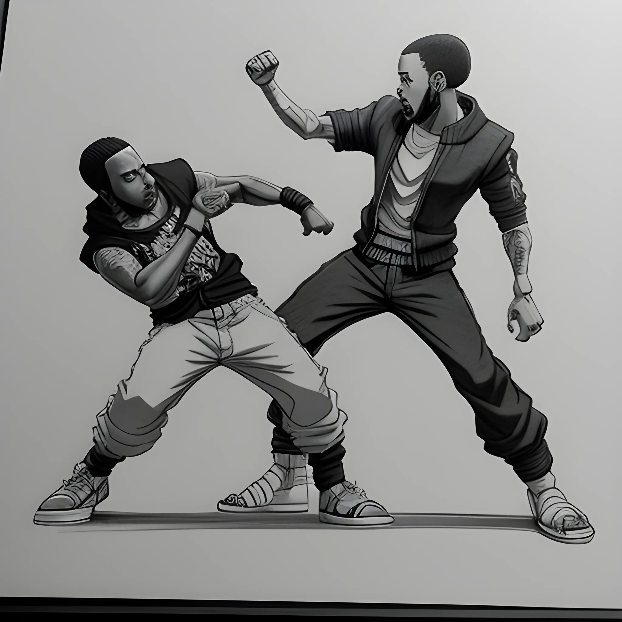 kendrick lamar and drake fighting in an epic naruto-style fight scene, 3D, Pencil Sketch