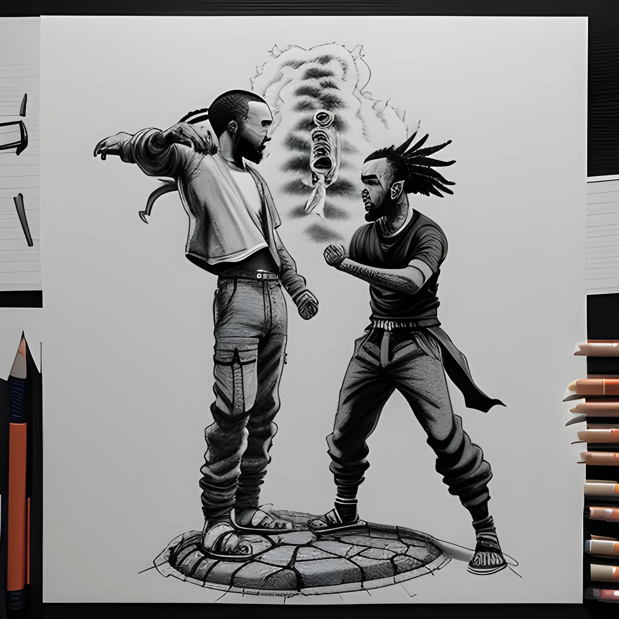 kendrick lamar and drake fighting in an epic naruto-style fight scene, standing on top of the world, ground burning, on fire, 3D, Pencil Sketch