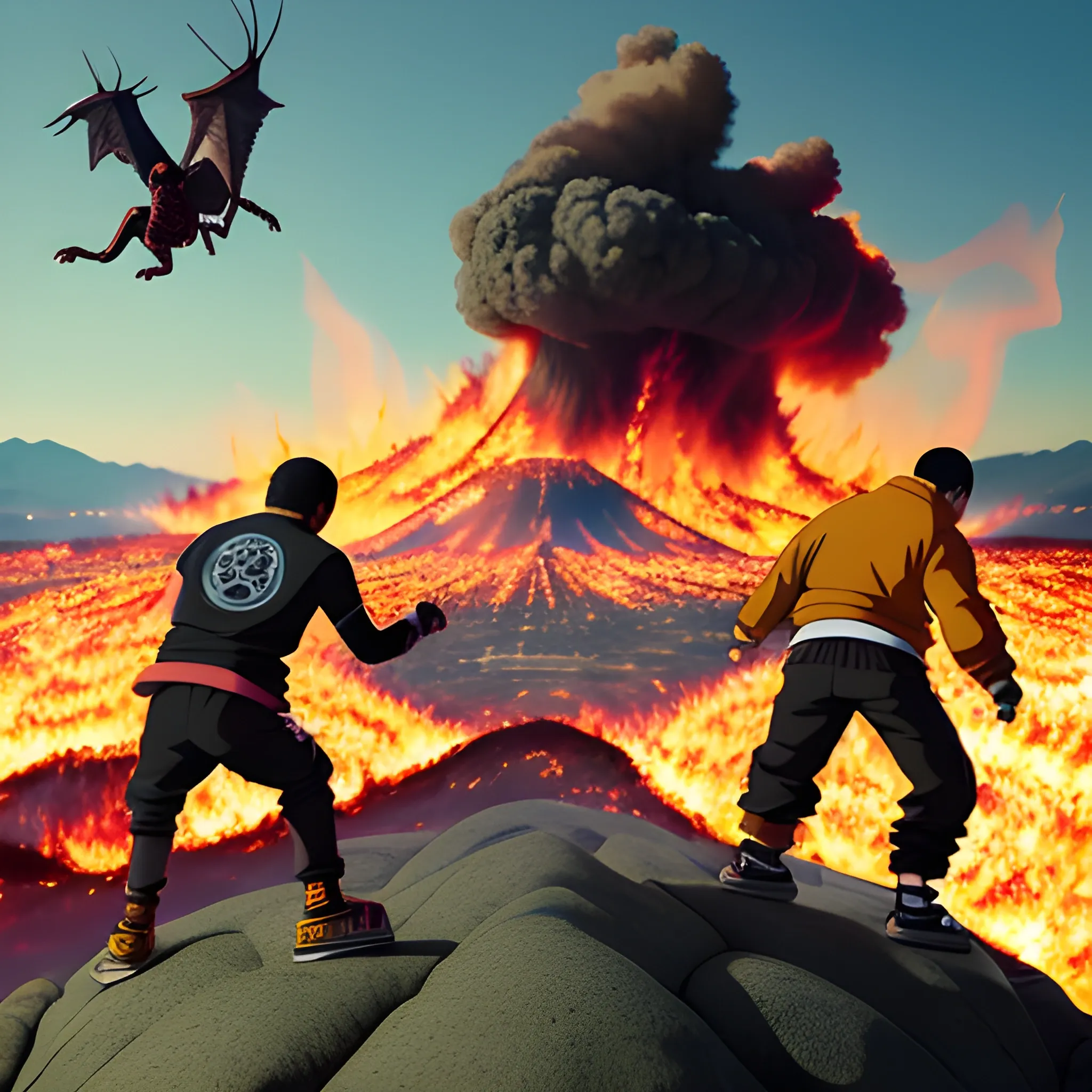 kendrick lamar and drake fighting in an epic naruto-style fight scene, standing on top of the world, ground burning, on fire, 3D, colorful, Cartoon