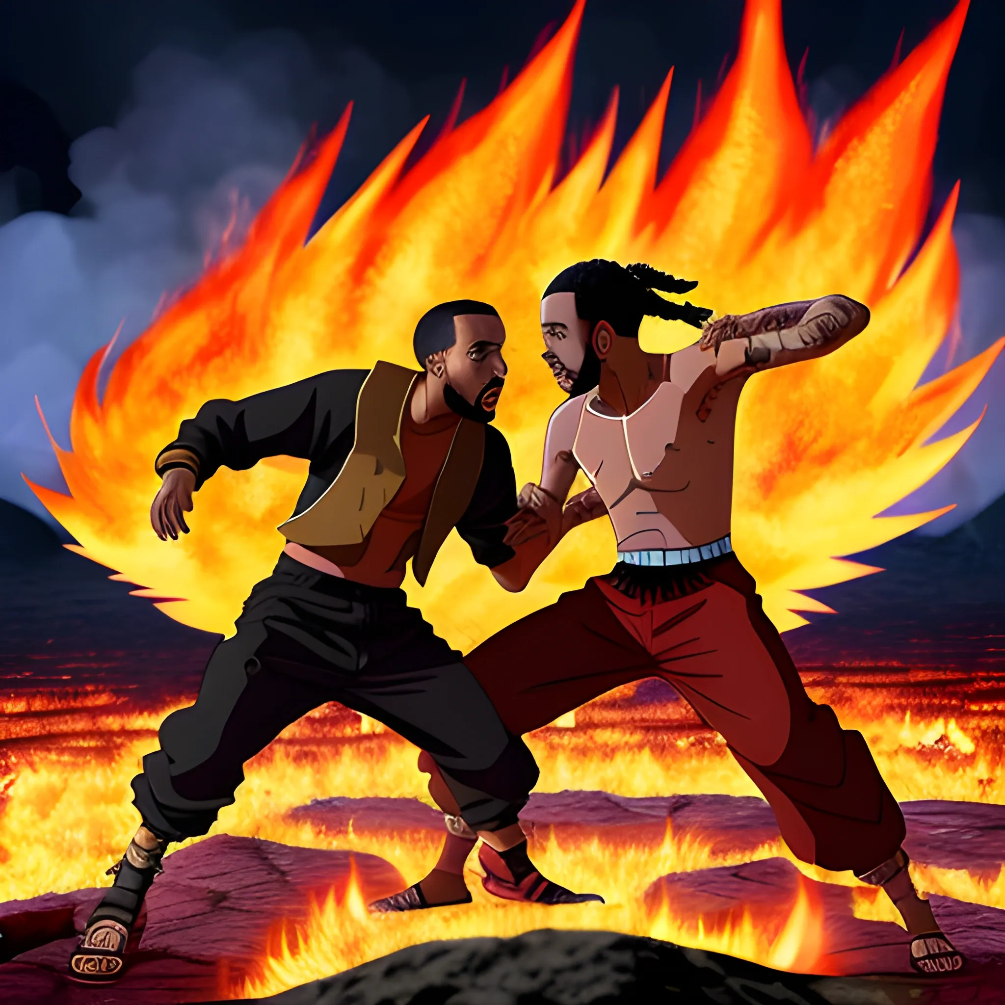 kendrick lamar and drake fighting in an epic naruto-style fight scene, world burning around them, ground burning, on fire, 3D, colorful, Cartoon