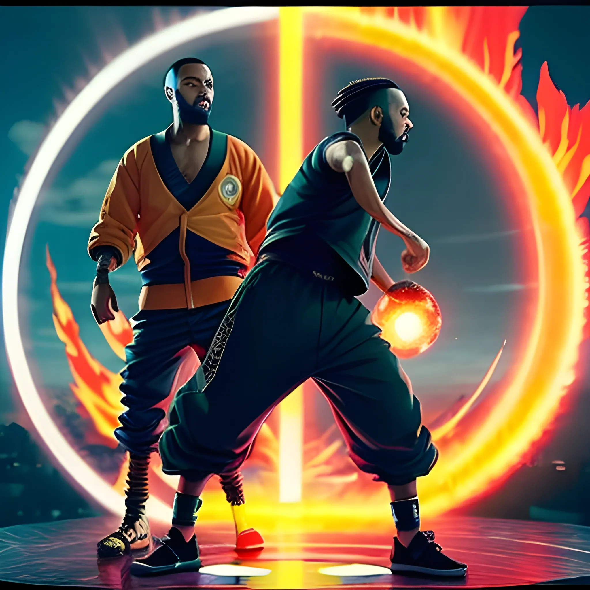 kendrick lamar and drake fighting in an epic naruto-style fight scene, standing on a circle globe, 7 continents, sky scrapers, on fire, 3D, 