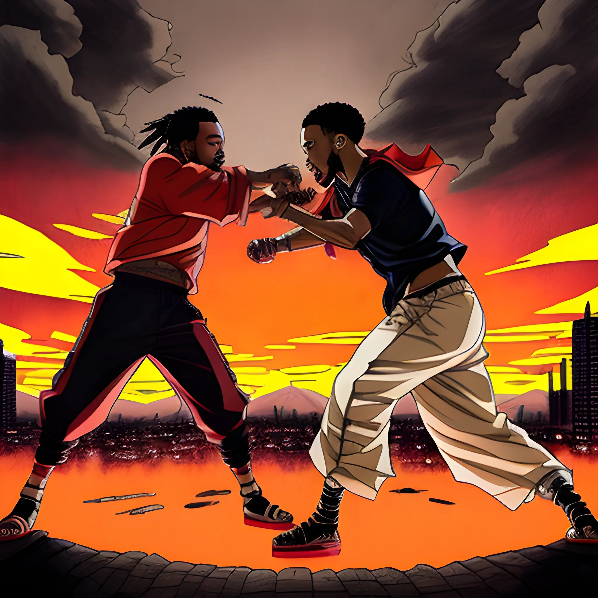 kendrick lamar and drake fighting in an epic naruto-style fight scene, 7 continents in the background, sky scrapers, on fire, Pencil Sketch