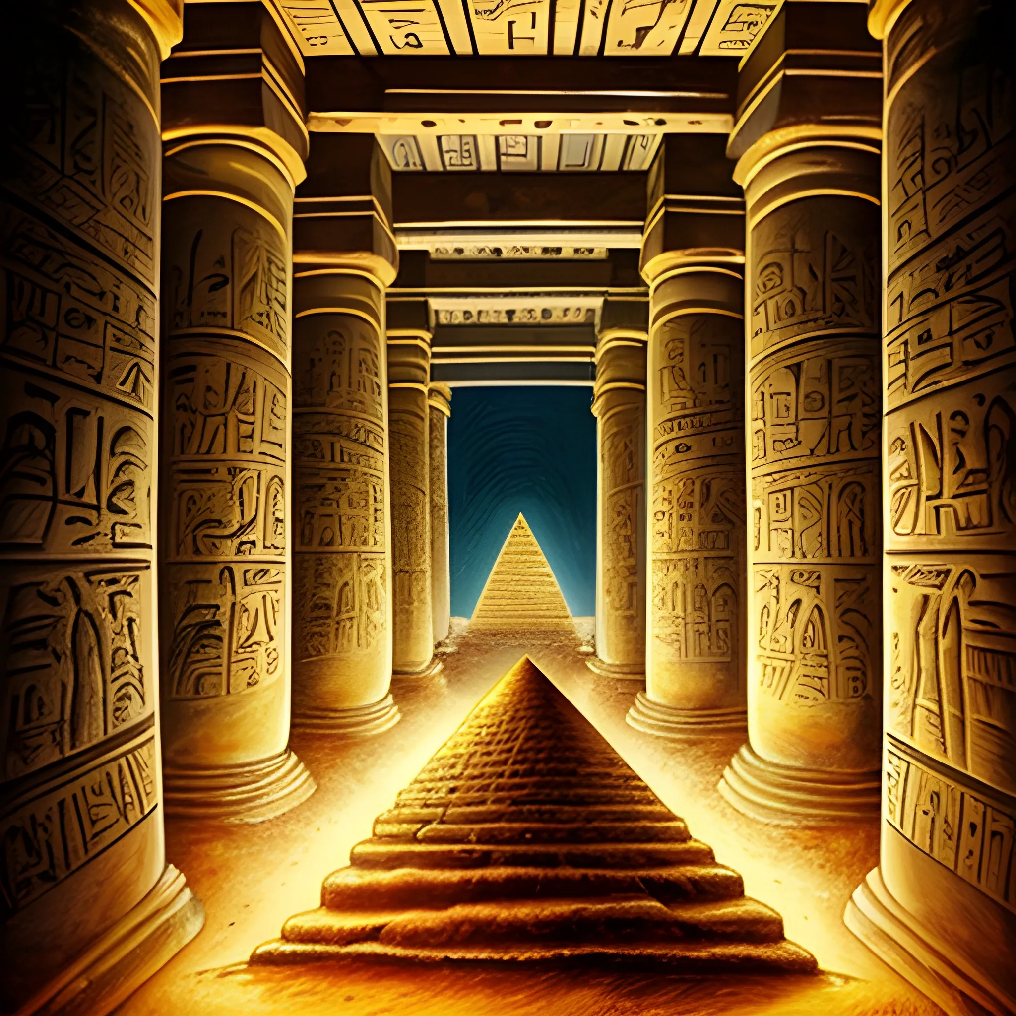 "Create a mesmerizing illustration for Chapter 19 of a historical novel set in ancient Egypt. The image should depict Neferronpet and Ankhu exploring the inner chambers of the Great Pyramid of Khufu, illuminated by flickering torchlight. As they delve deeper into the heart of the pyramid, they uncover hidden passages and secret chambers filled with ancient artifacts and treasures. The walls are adorned with intricate hieroglyphics, depicting scenes of ancient rituals and ceremonies. As they make their way through the labyrinthine corridors, a sense of wonder and awe fills the air, marking a pivotal moment in their quest for knowledge and understanding. The scene should convey a feeling of exploration, discovery, and the timeless mystery of the ancient world.", Oil Painting