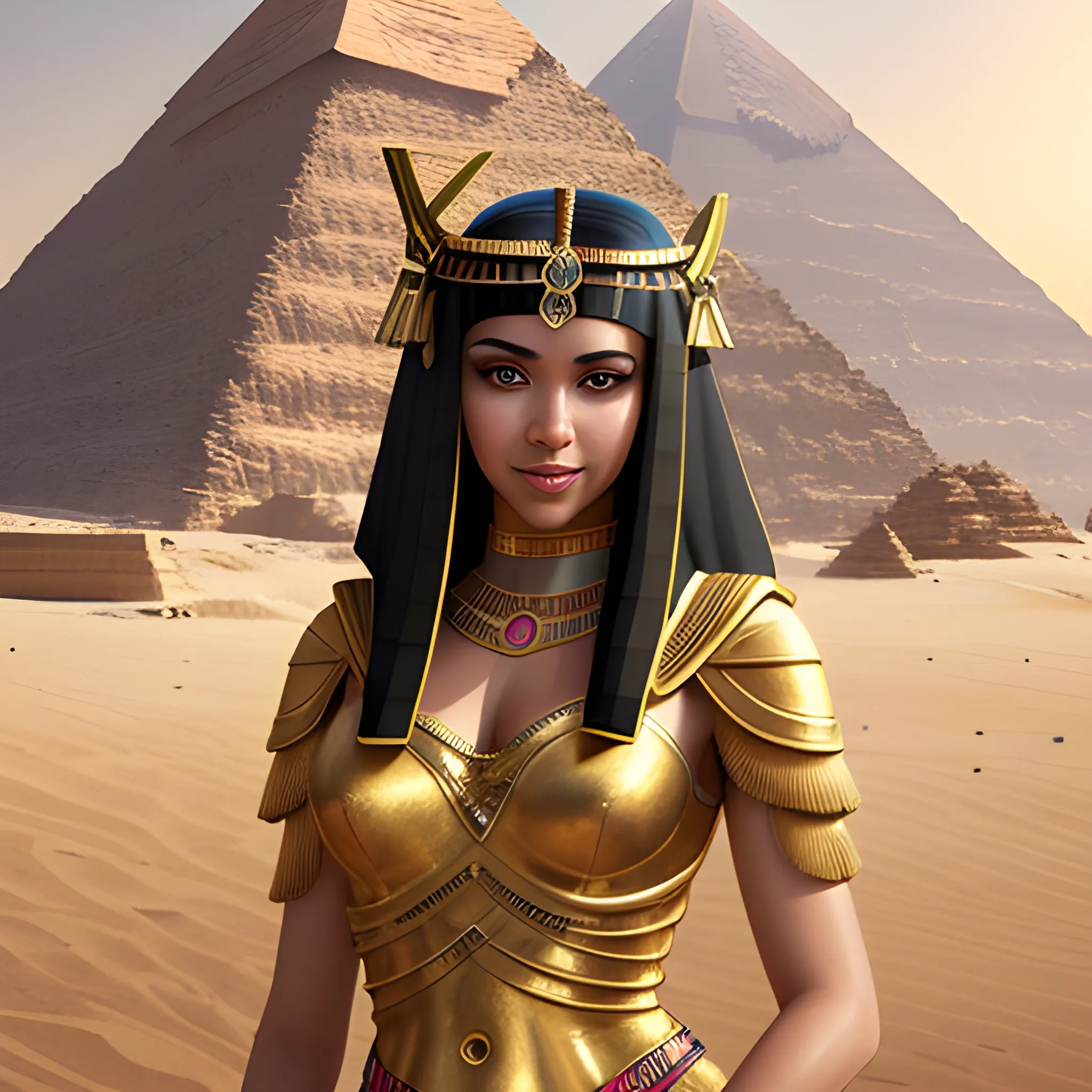 photography of Cleopatra, Background with Pyramids of Giza, 16K, attractive, elegant, confident, optimistic, smiling, beautiful, heroine, perfect look, highly detailed modern clothing, hair details, trends on artstation, sharp focus, intricate details, very detailed, Artgerm, Greg Rutkowski, Tom Blackwell, Rubens