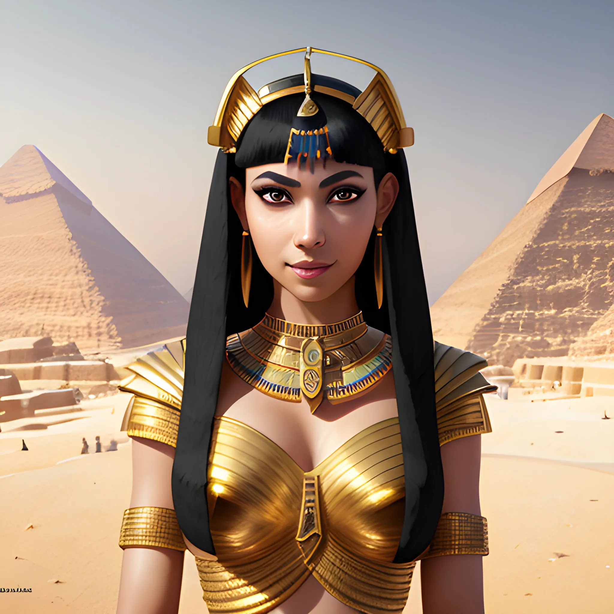 photography of Cleopatra, Background with Pyramids of Giza, 16K, attractive, elegant, confident, optimistic, smiling, beautiful, heroine, perfect look, highly detailed modern clothing, hair details, trends on artstation, sharp focus, intricate details, very detailed, Artgerm, Greg Rutkowski, Tom Blackwell, Rubens