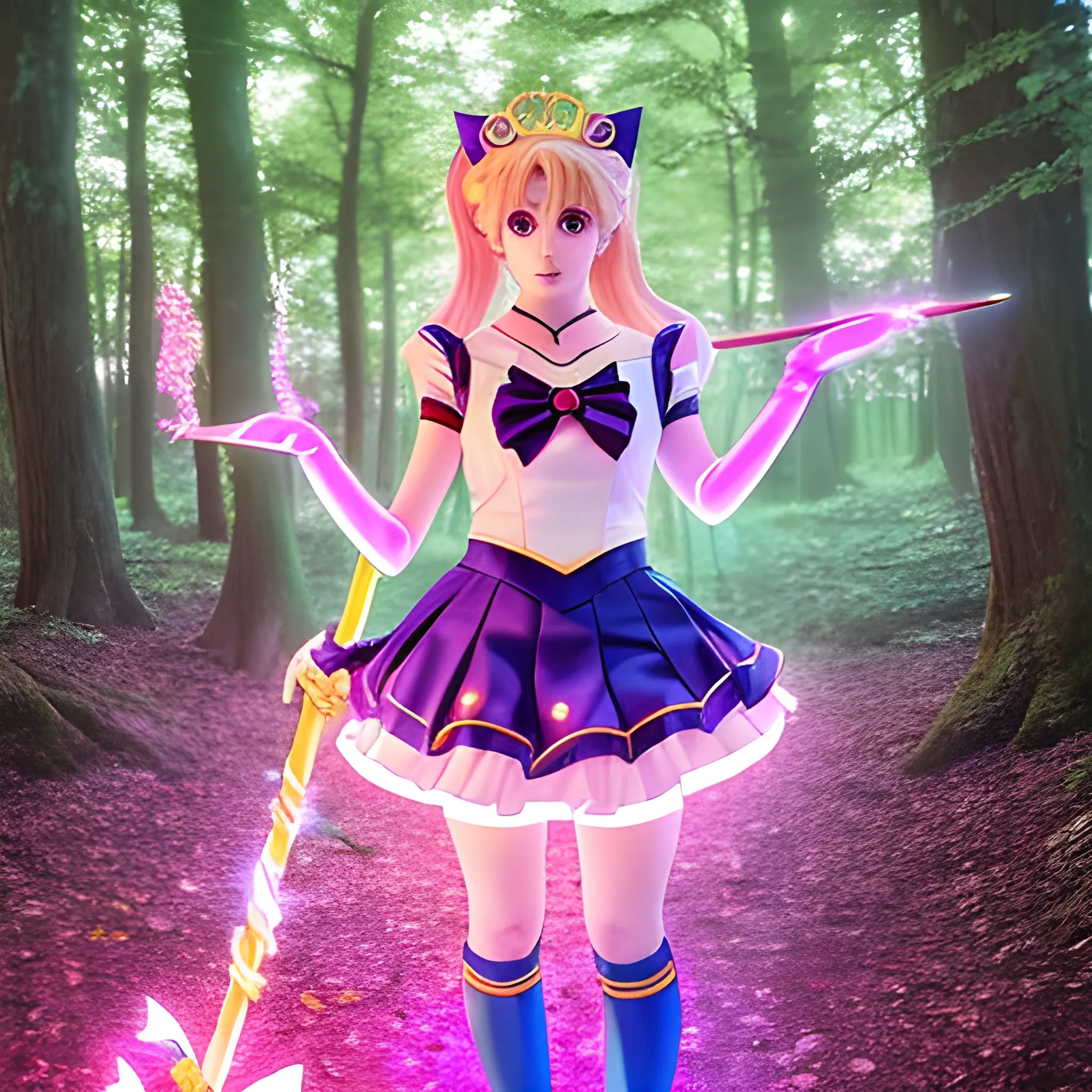 Generate an image of a female character in a cosplay of Sailor Moon. She is standing in a magical forest at dusk, with glowing fairy lights hanging from the trees. She is wearing the classic Sailor Moon outfit with a flowing skirt, long boots, and a tiara. Her pose is confident, with one hand on her hip and the other holding a magical staff. The overall style is vibrant and colorful, with a touch of anime aestheticsGenerate an image of a female character in a cosplay of Sailor Moon. She is standing in a magical forest at dusk, with glowing fairy lights hanging from the trees. She is wearing the classic Sailor Moon outfit with a flowing skirt, long boots, and a tiara. Her pose is confident, with one hand on her hip and the other holding a magical staff. The overall style is vibrant and colorful, with a touch of anime aesthetics