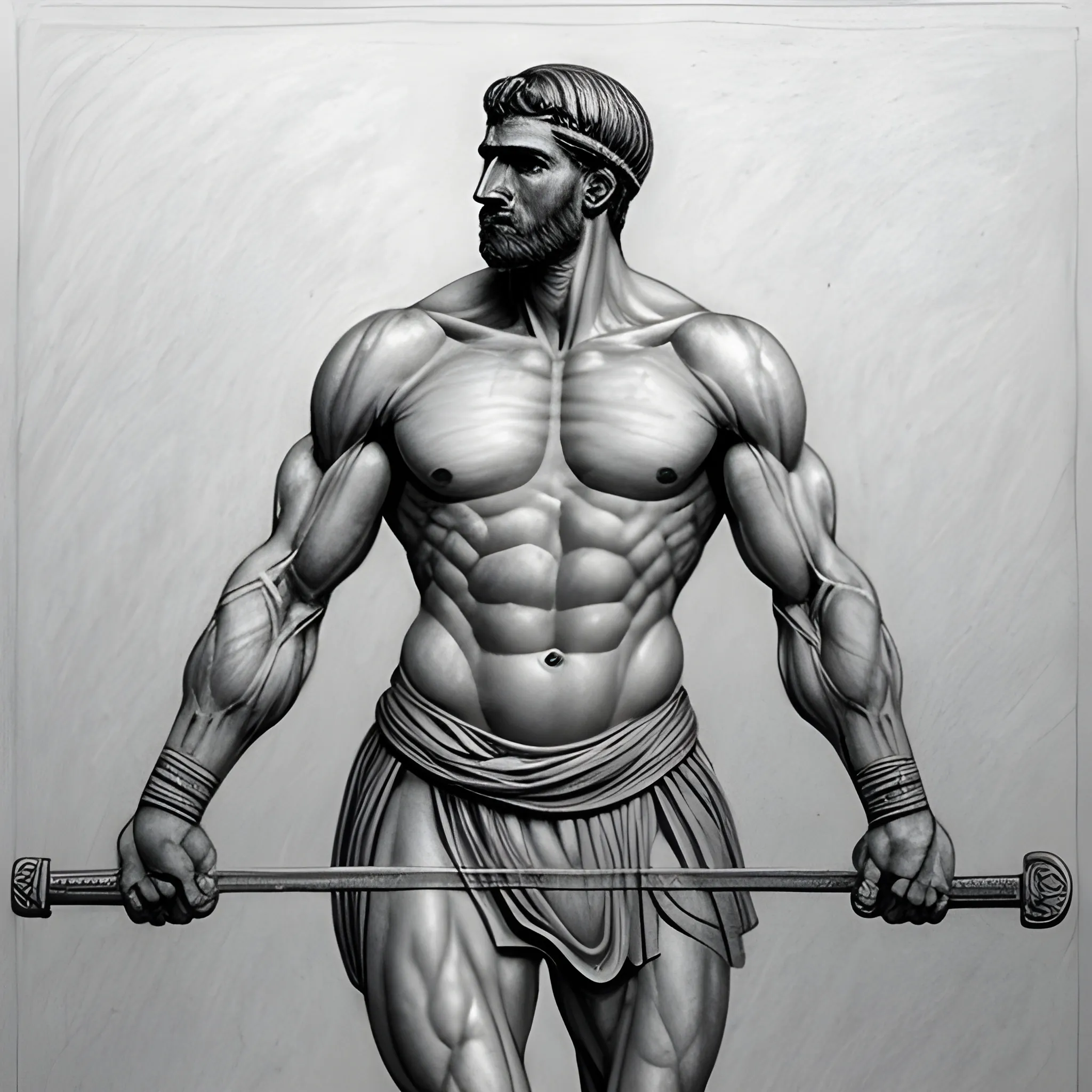 A perfectly muscular stoic  athlete n ancient Greece  competing in the Olympic games. , Pencil SketchDark, fantasy art, Raphaelite realism style, detailed and complex, Etruscan fantasy art