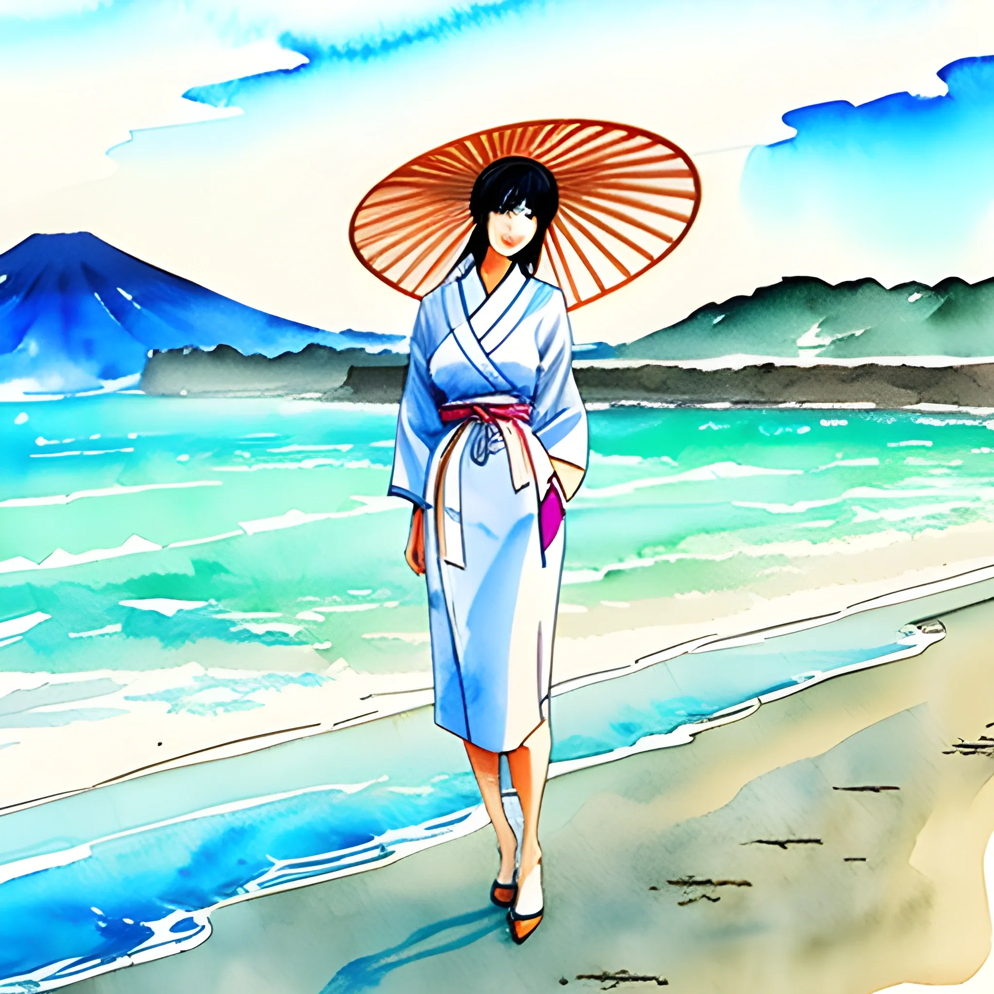 Draw a beautiful Japanese girl standing by the seashore and posing in watercolor style, Water Color