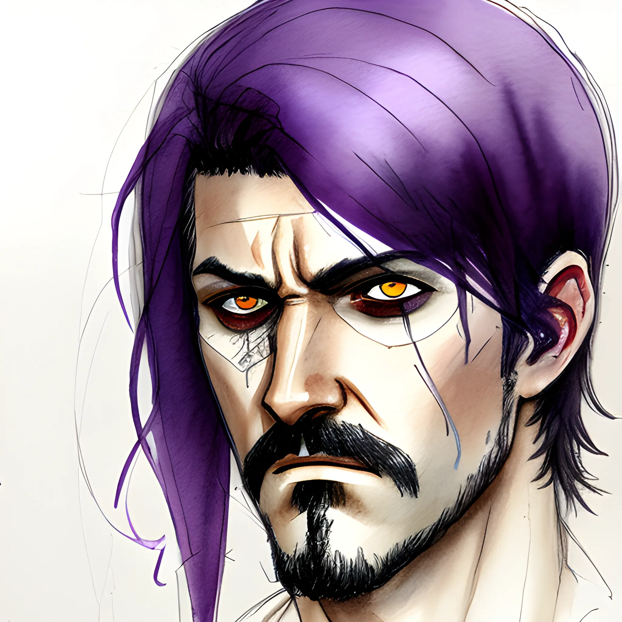 Man with dark purple hair. He has an eyepatch over his left eye. He looks depressed, Pencil Sketch, Water Color