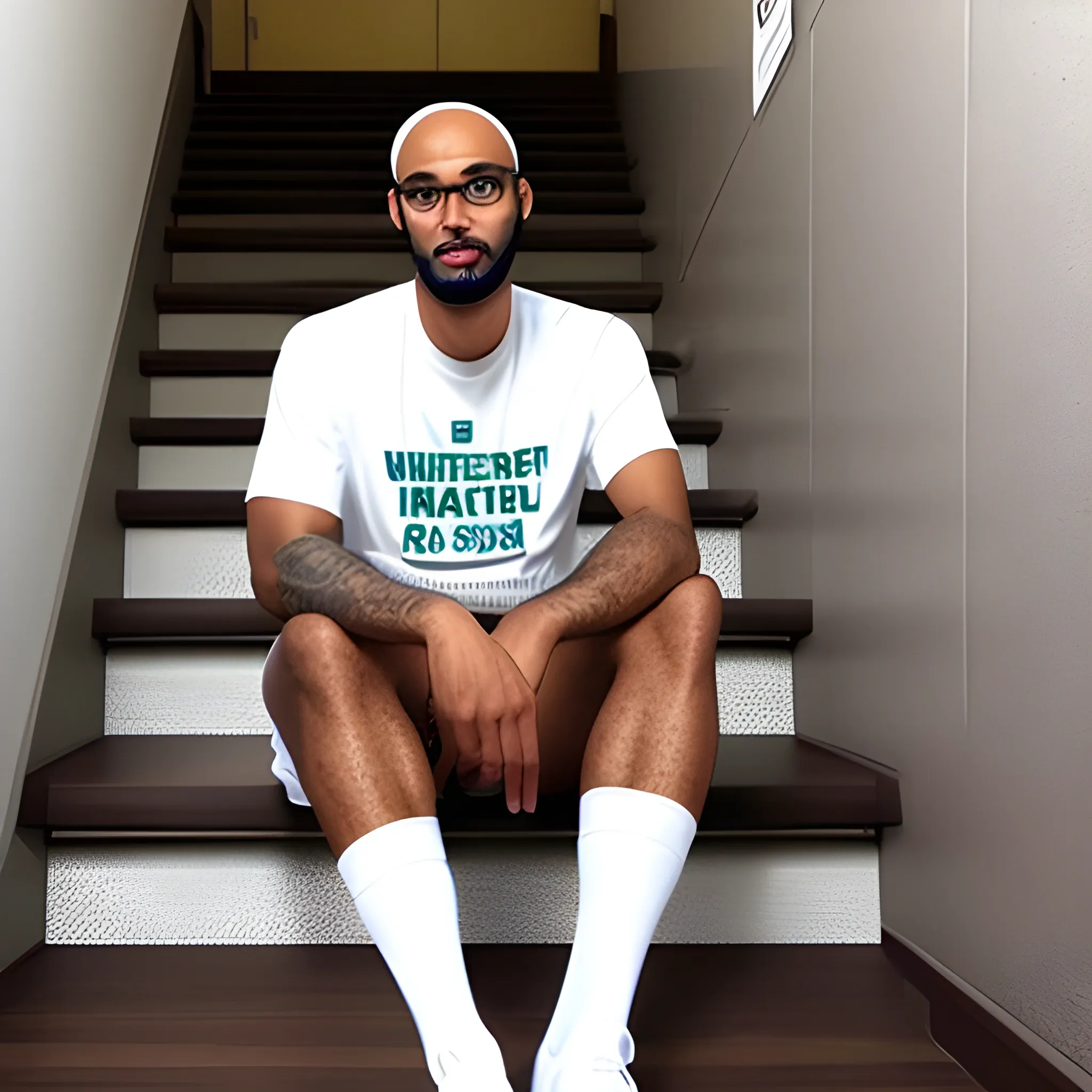 A young, good-looking, fair-skinned, handsome gym student, sitting in the stairwell in his white socks, Trippy