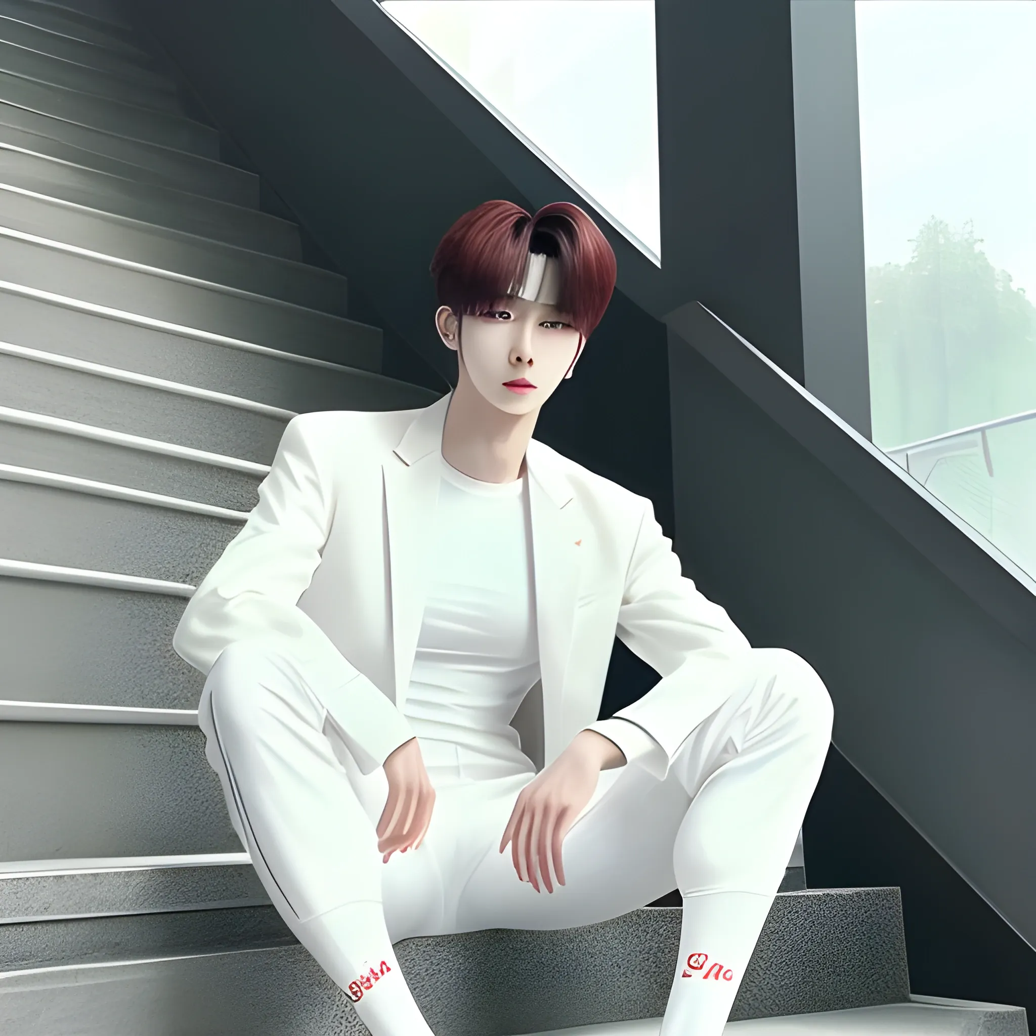 A handsome young man who looks like Cai Xukun, a handsome gym student with white skin, is sitting in the stairwell wearing white socks, Oil Painting