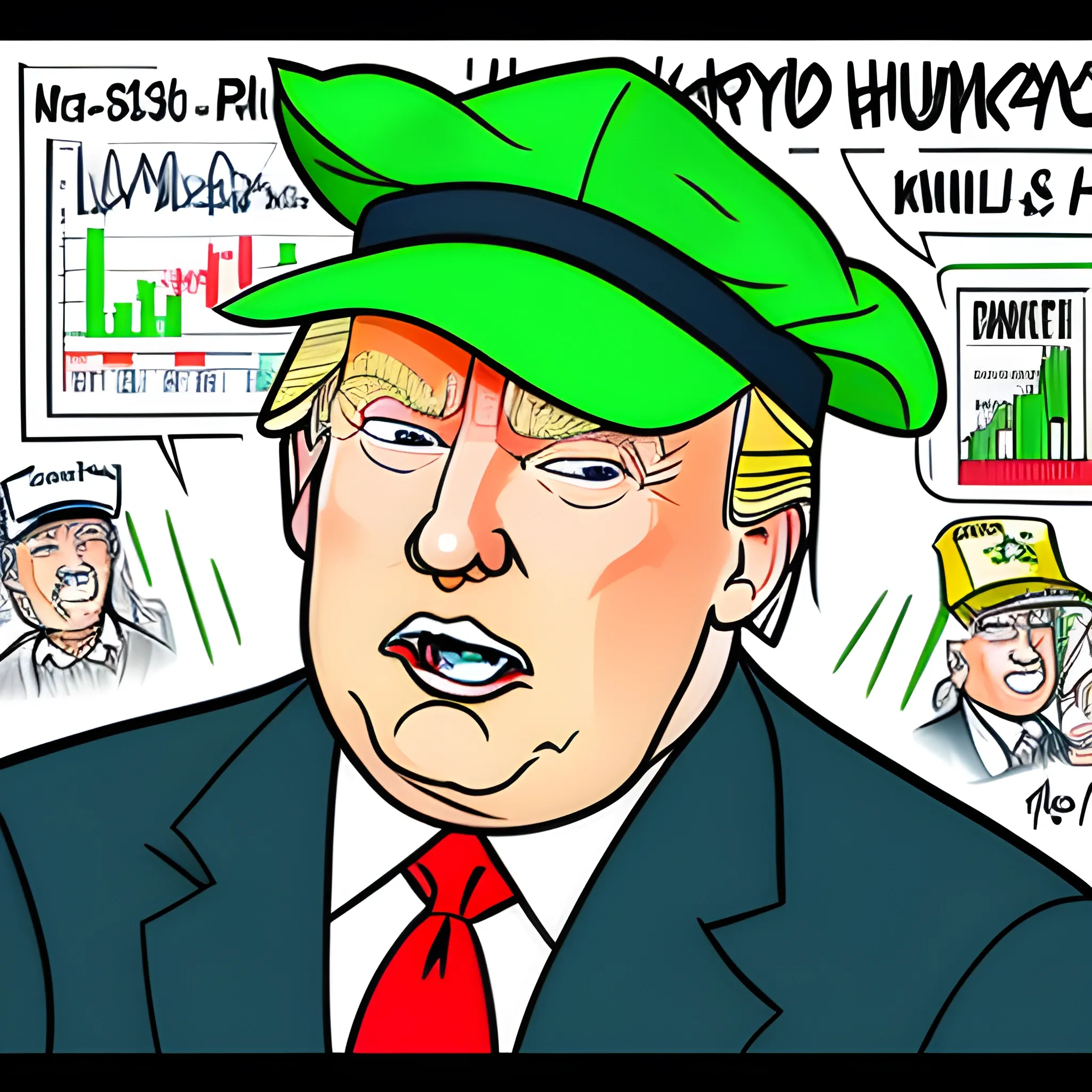 cartoon illustration of donald trump with a green hat saying PUMP - crypto charts behind him